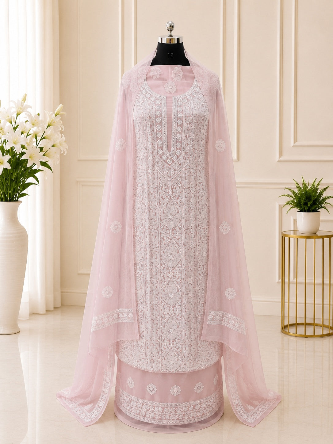 Karigiri Baby Pink Chikankari Georgette Unstitched Dress Material