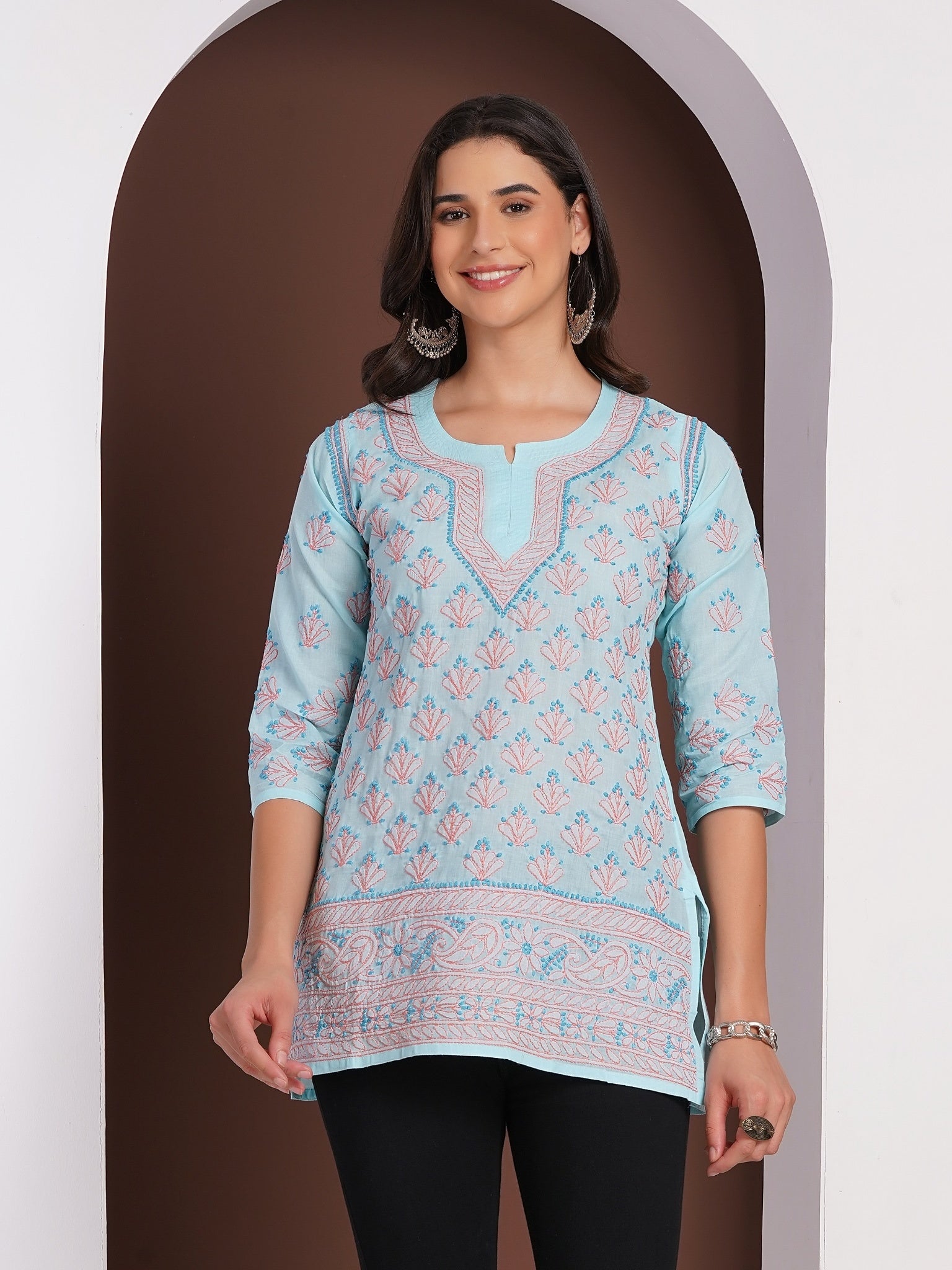 Karigiri Powder Blue Chikankari Hand Embroidered Pure Cotton Straight Hip Length Short Kurti, 3/4 Sleeve