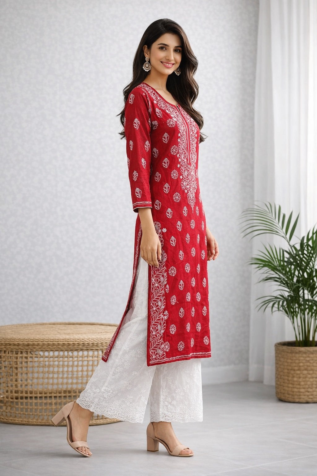 Karigiri Red Chikankari Rayon Cotton Kurti Women_KF0098