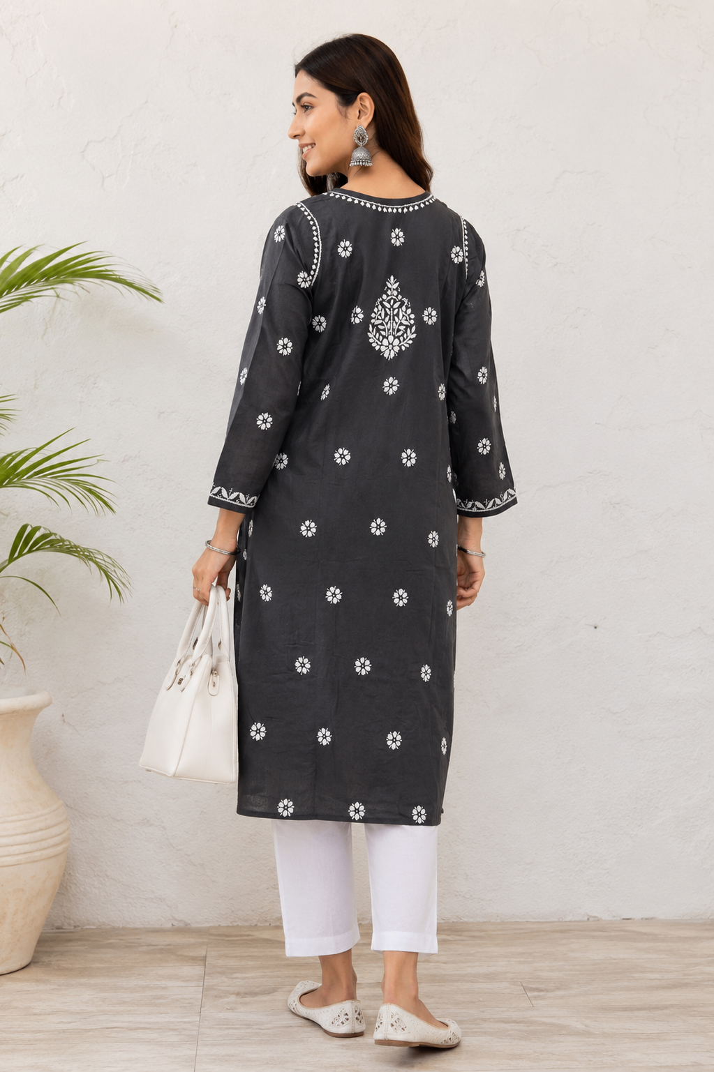 Karigiri Dark Grey Lucknowi Chikankari Hand Embroidered Soft Mulmul Cotton Straight Kurti for Women | Calf Length | 3/4 Sleeve_KFDG0413