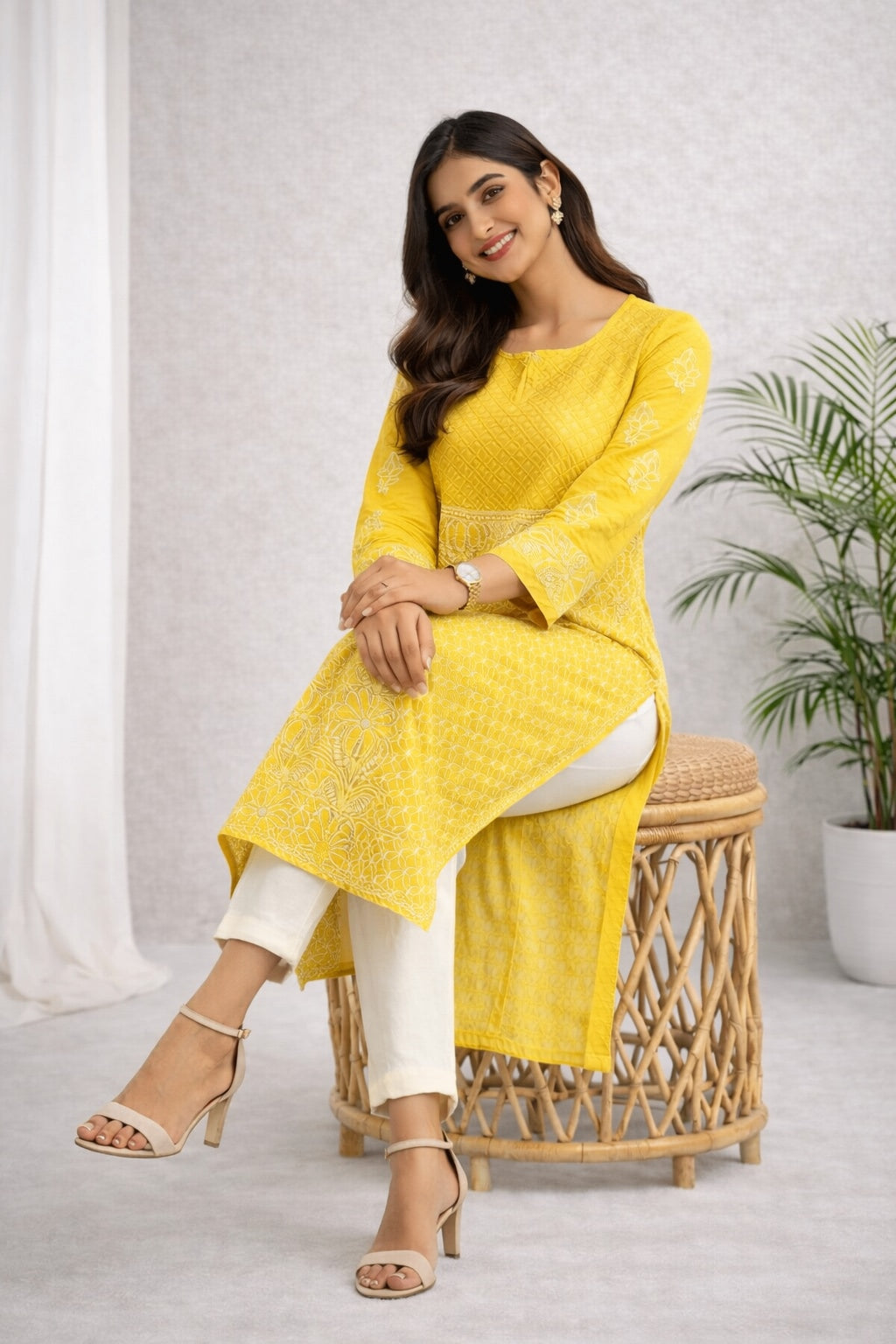 Karigiri Yellow Chikankari Cotton Kurti for Women_KF0048