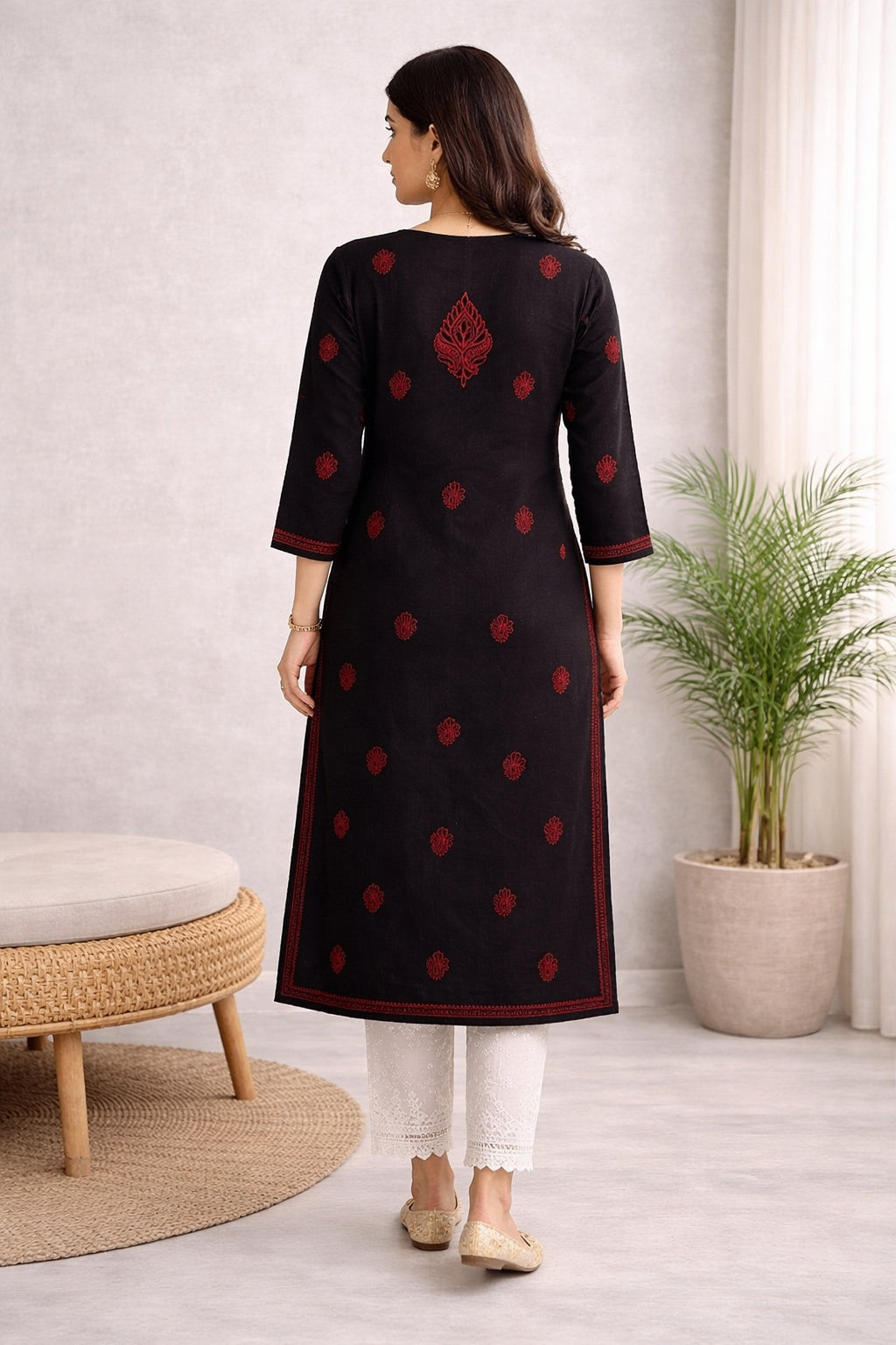 Karigiri Black Red Chikankari Cotton Kurti Women_KF0007