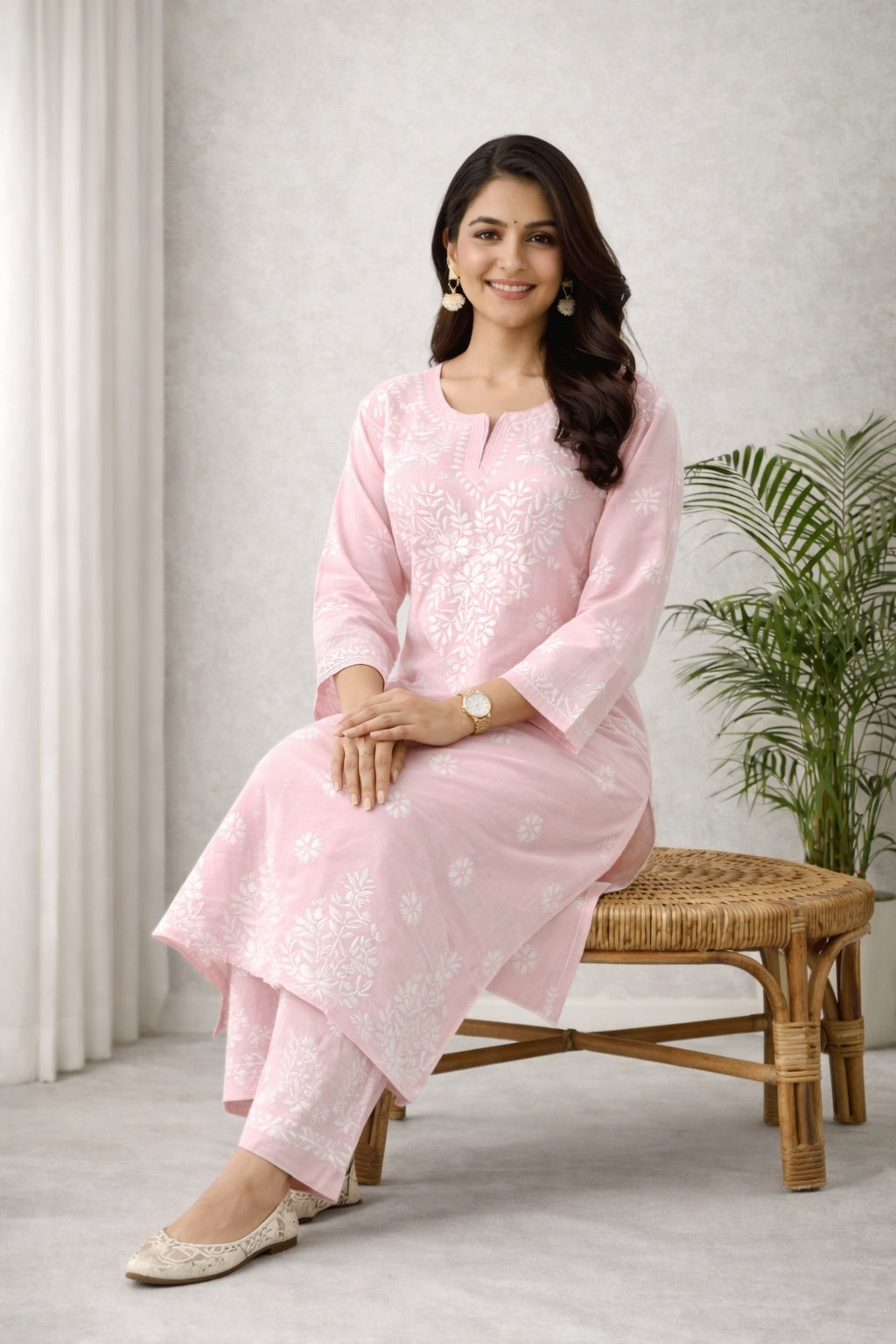 Karigiri Blush Pink Chikankari Cotton Kurti Set_KF0019