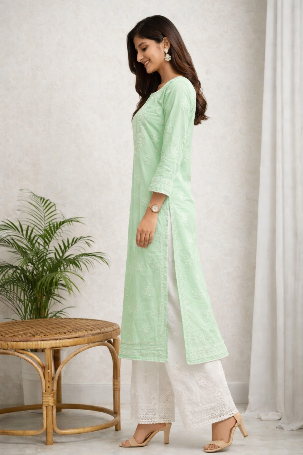Karigiri Mint Green Chikankari Cotton Kurti_KF0054