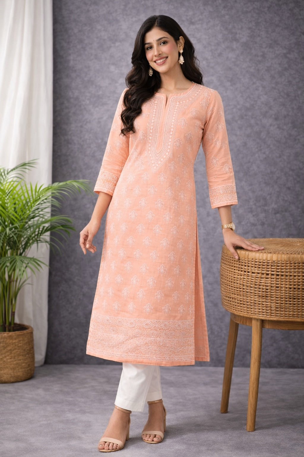 Karigiri Women’s Pure Soft Cotton Kurti, Peach with Lucknowi Chikankari Embroidery, Straight Fit, Round Neck, 3/4 Sleeves