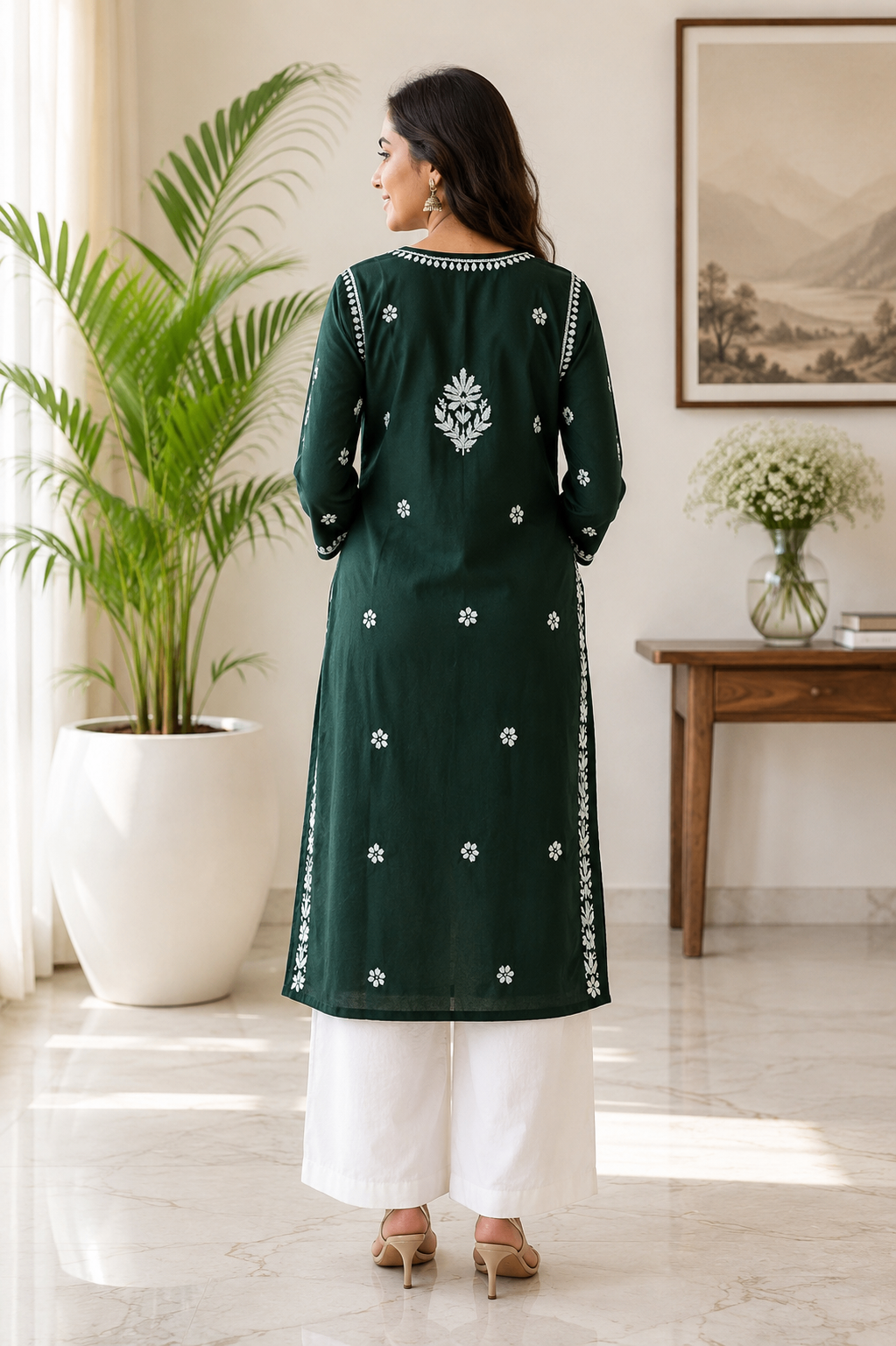Karigiri Dark Green Chikankari Mulmul Cotton Kurti_KF0029