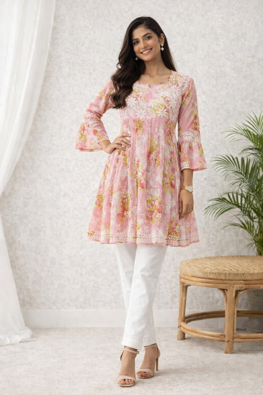 Karigiri Lucknowi Chikankari Flared Frock Style Short Kurti_KF0086