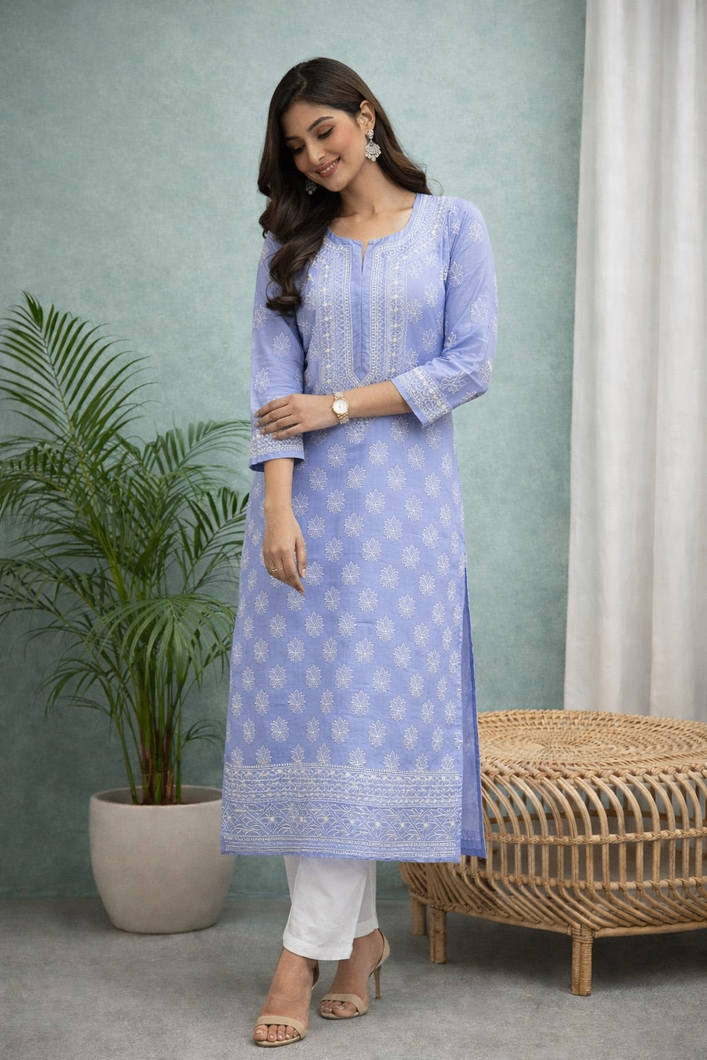 Karigiri Women’s Pure Soft Cotton Kurti, Lavender Blue with Lucknowi Chikankari Embroidery, Straight Fit, Round Neck, 3/4 Sleeves
