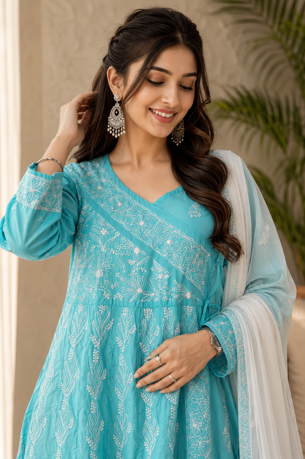 Karigiri Aqua Blue Hand Embroidered Chikankari Cotton Anarkali Kurti