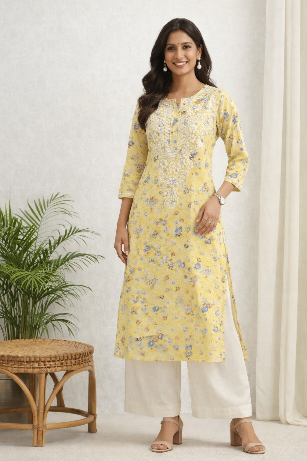 Karigiri Yellow Lucknowi Chikankari Hand Embroidered Long Kurti, Straight Fit, Calf Length, Floral Printed Cotton Fabric, Three-Quarter Sleeves, Round Neck