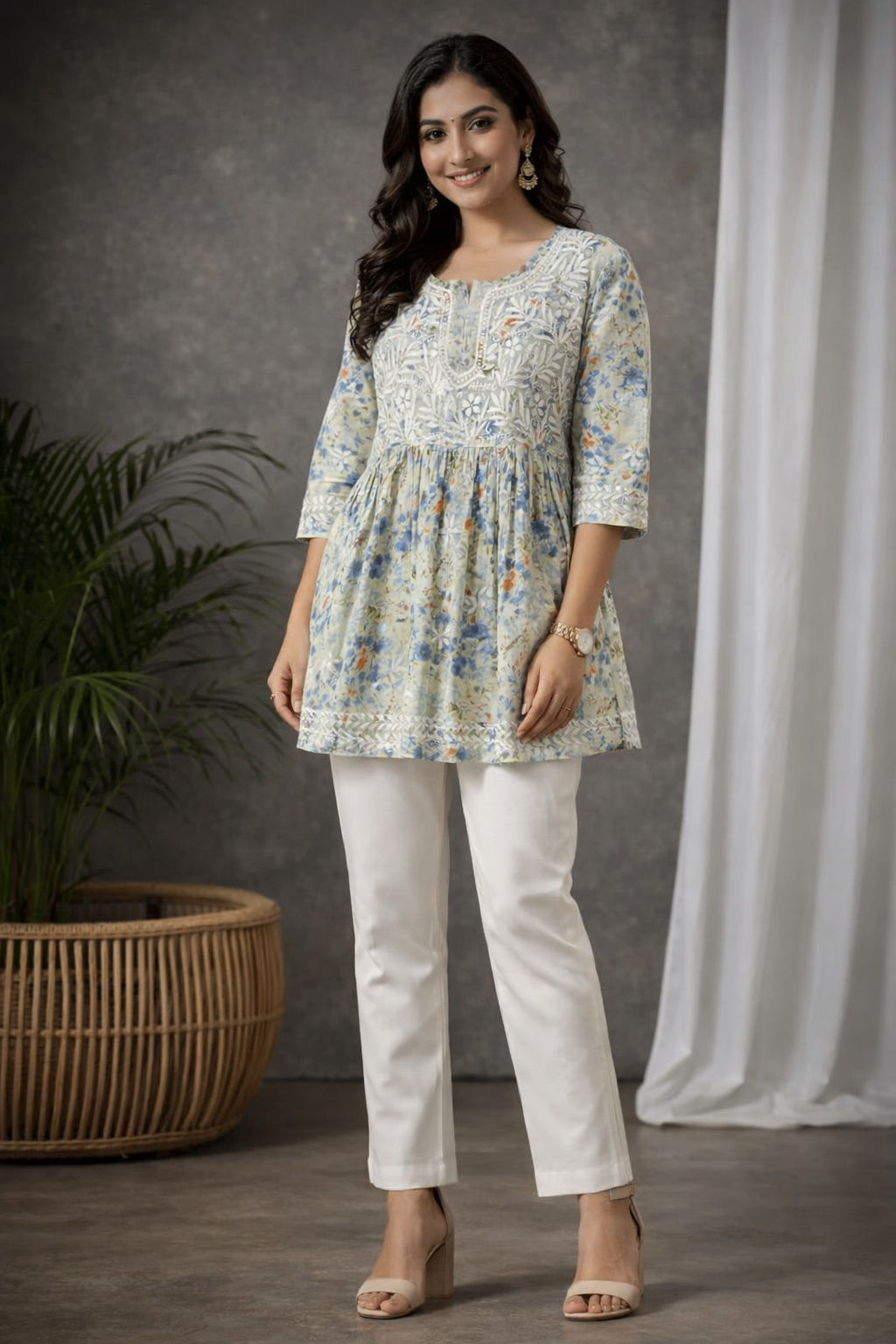 Karigiri Chikankari Printed Cotton Flared Short Kurti_KF0046