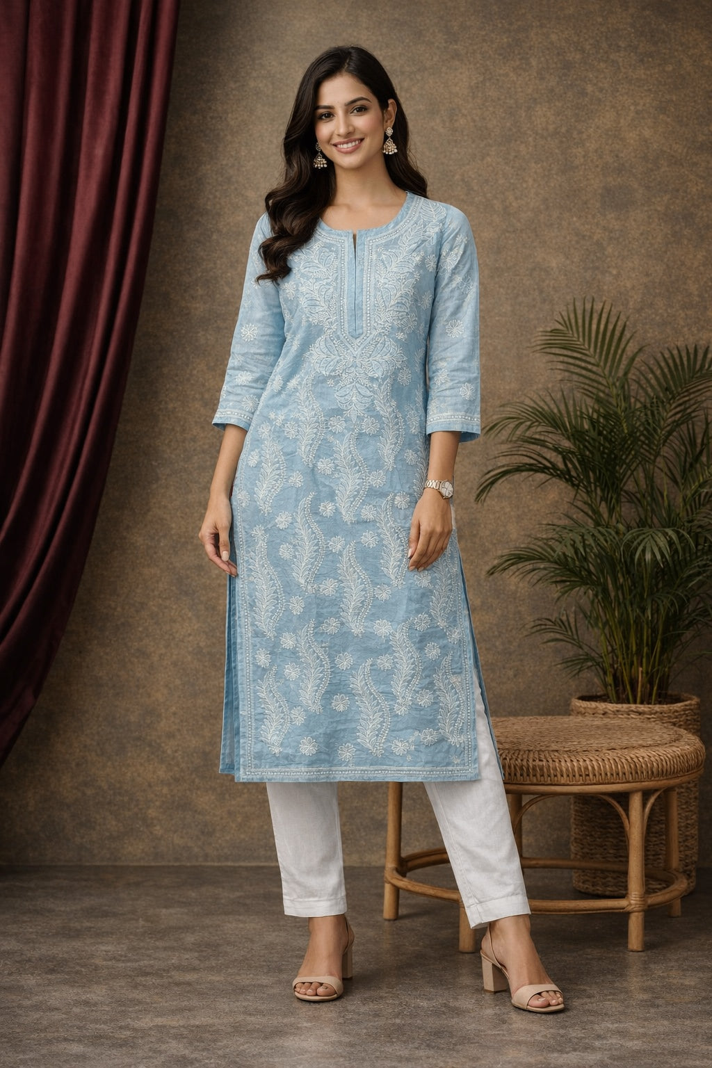 Karigiri Women’s Pure Soft Cotton Kurti, Light Grey with Lucknowi Chikankari Embroidery, Straight Fit, Round Neck, 3/4 Sleeves
