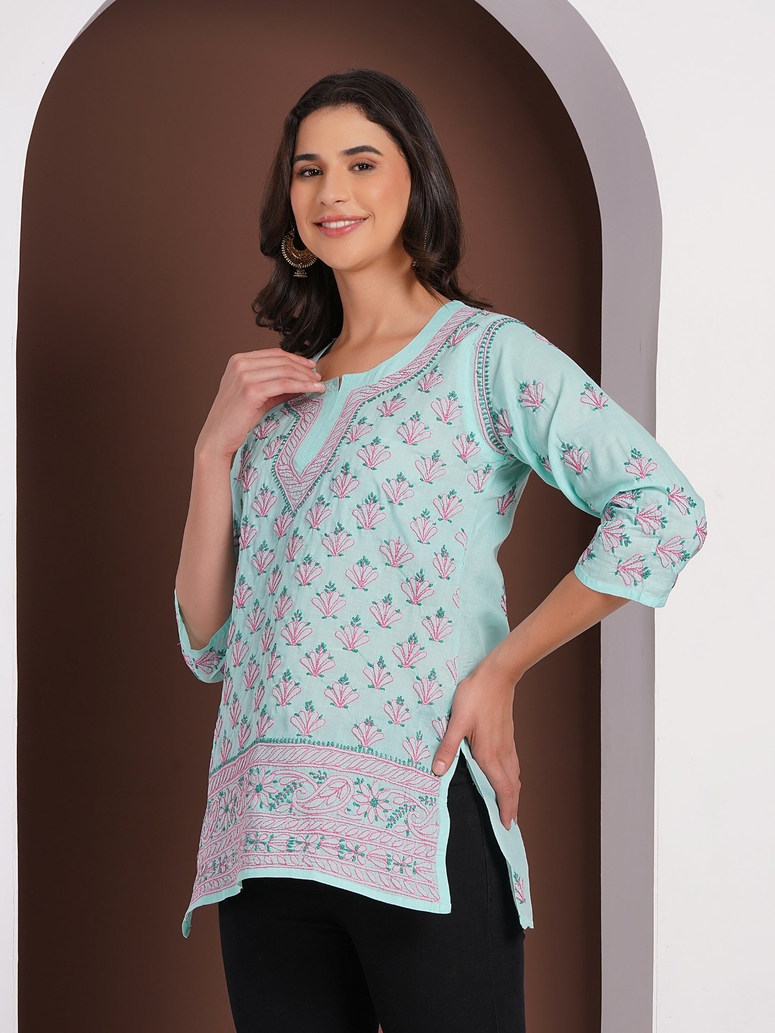 Karigiri Lucknowi Chikankari Hand Embroidered Pure Cotton Short Kurti, Mint Green, Traditional Ethnic Wear