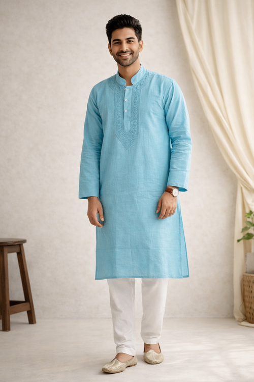 Karigiri Aqua Blue Chikankari Cotton Men's Kurta_KF0002