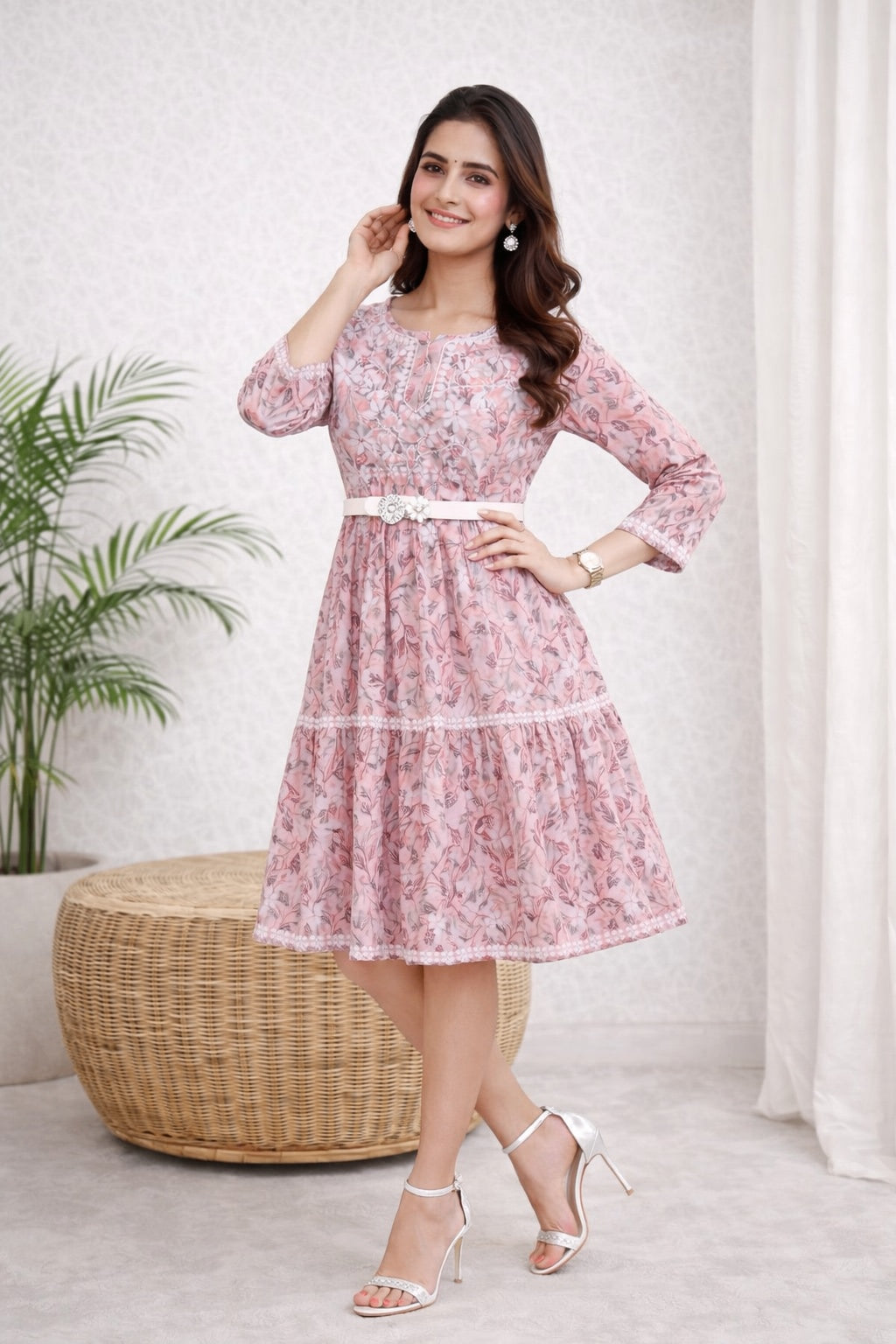 Karigiri Pink Lucknowi Chikankari Floral Printed Cotton Kurti_KF0212