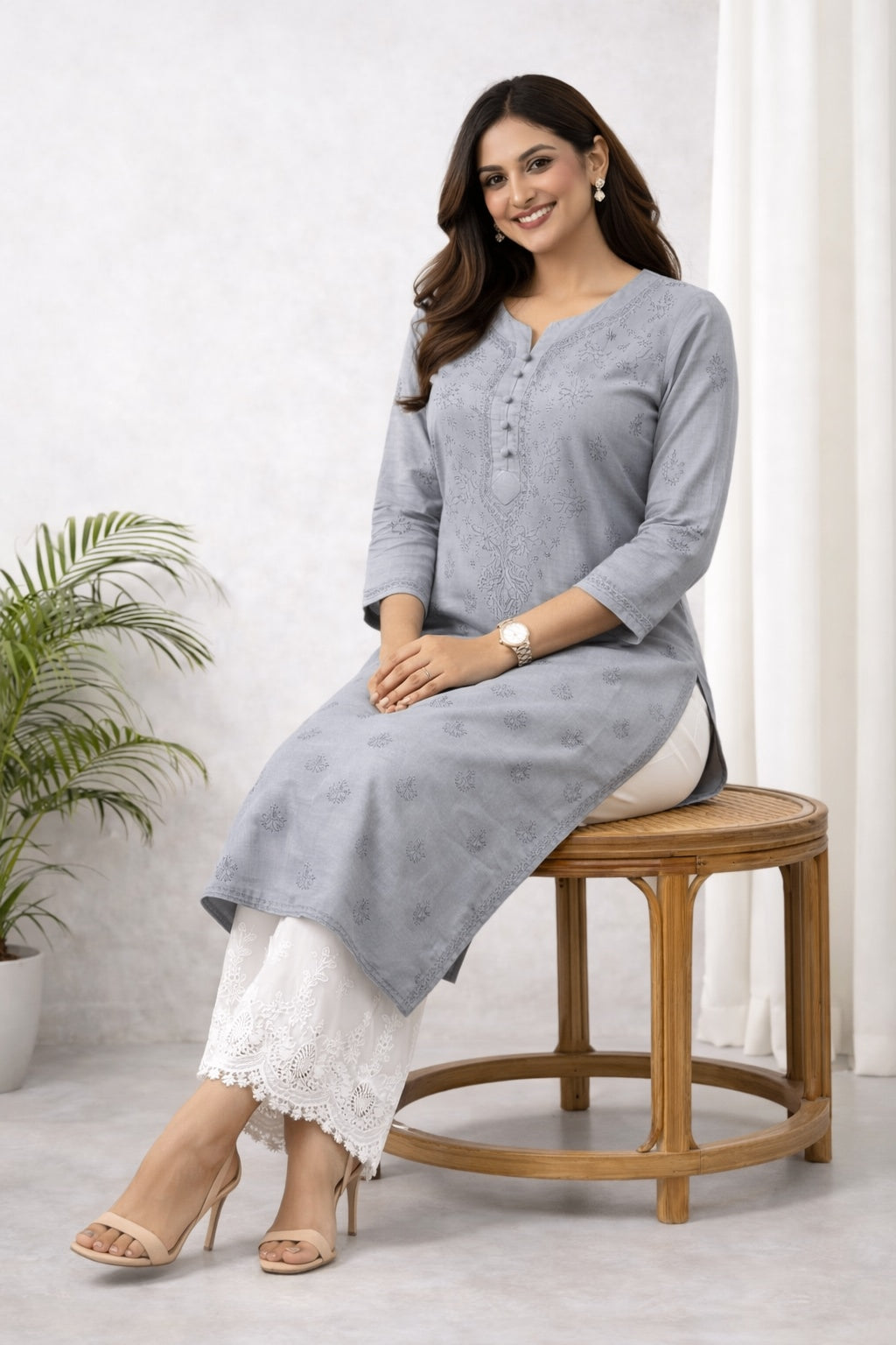 Karigiri Slate Grey Chikankari Cotton Kurti Women_KF0084