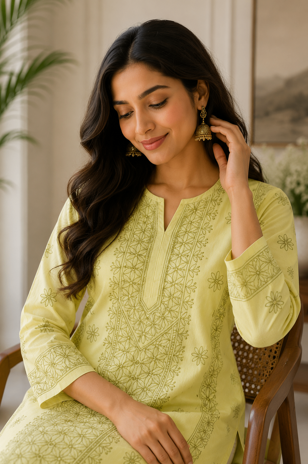 Karigiri Lemon Yellow Chikankari Cotton Kurti_KF0114