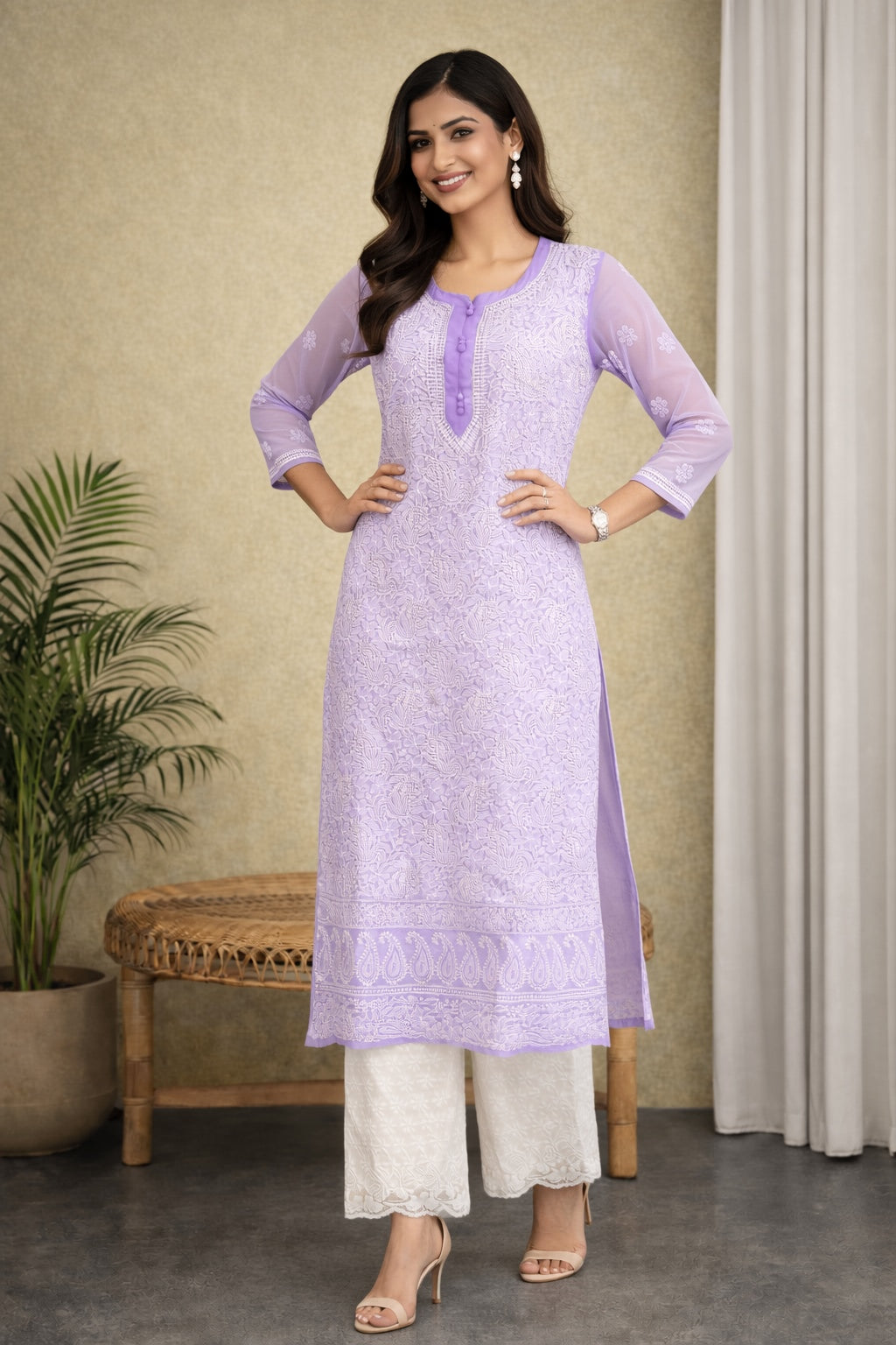 Karigiri Lavender Chikankari Front Allover work Georgette Kurti Women_KF0109