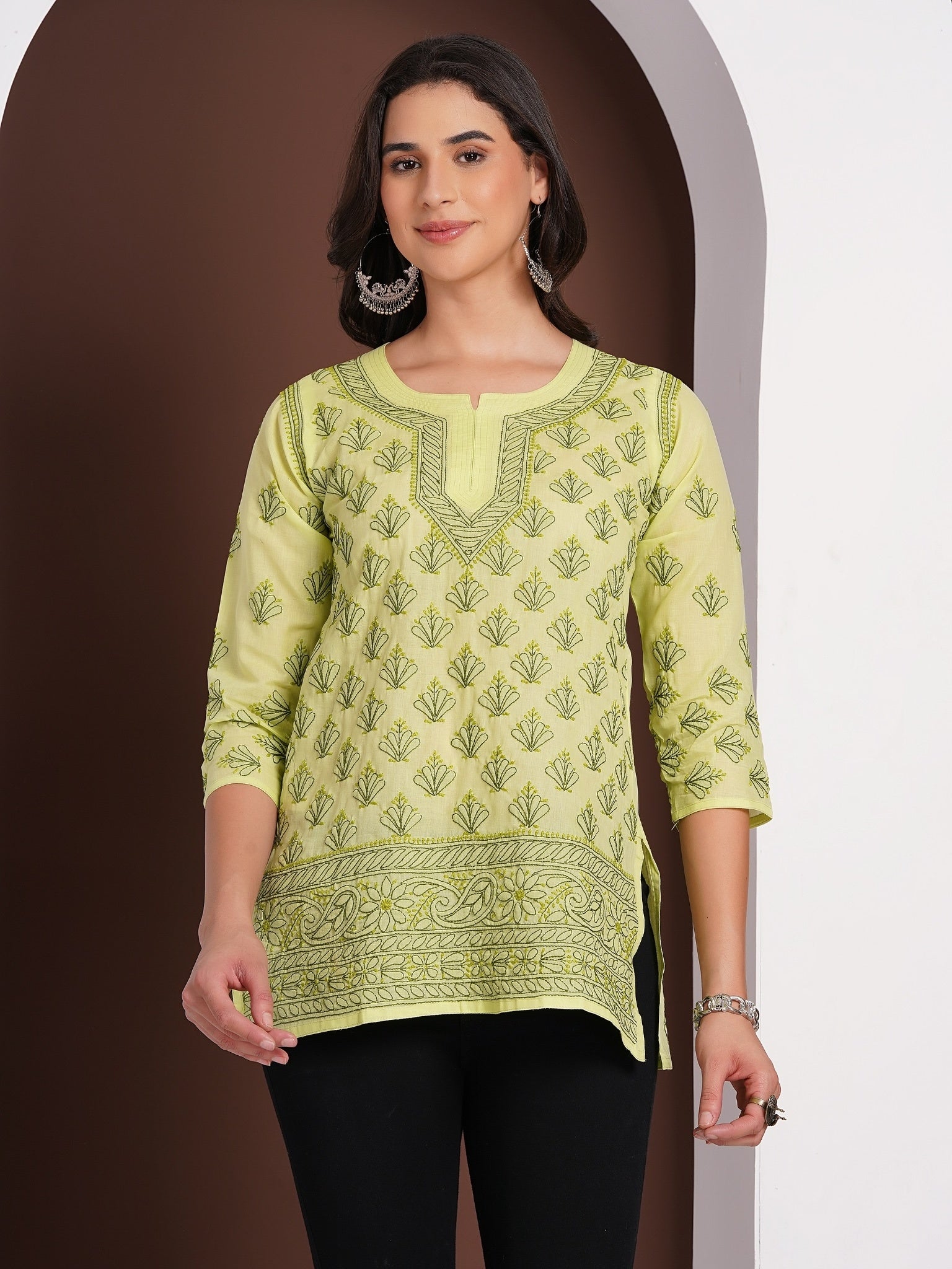 Karigiri Pistachio Green Chikankari Hand Embroidered Pure Cotton Straight Hip Length Short Kurti