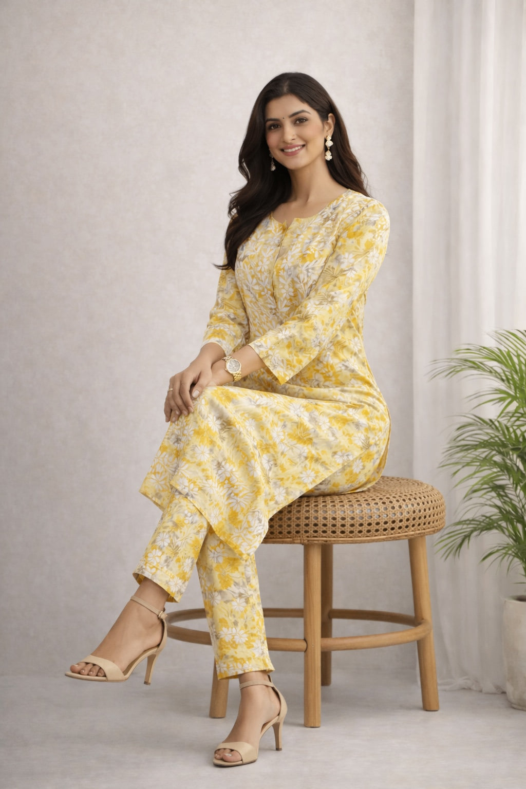 Karigiri Yellow Floral Lucknowi Chikankari Long Calf Length Kurti Set (Kurti with Same Pant), Hand Embroidered Printed Cotton, Straight Fit, Three-Quarter Sleeves, Round Neck