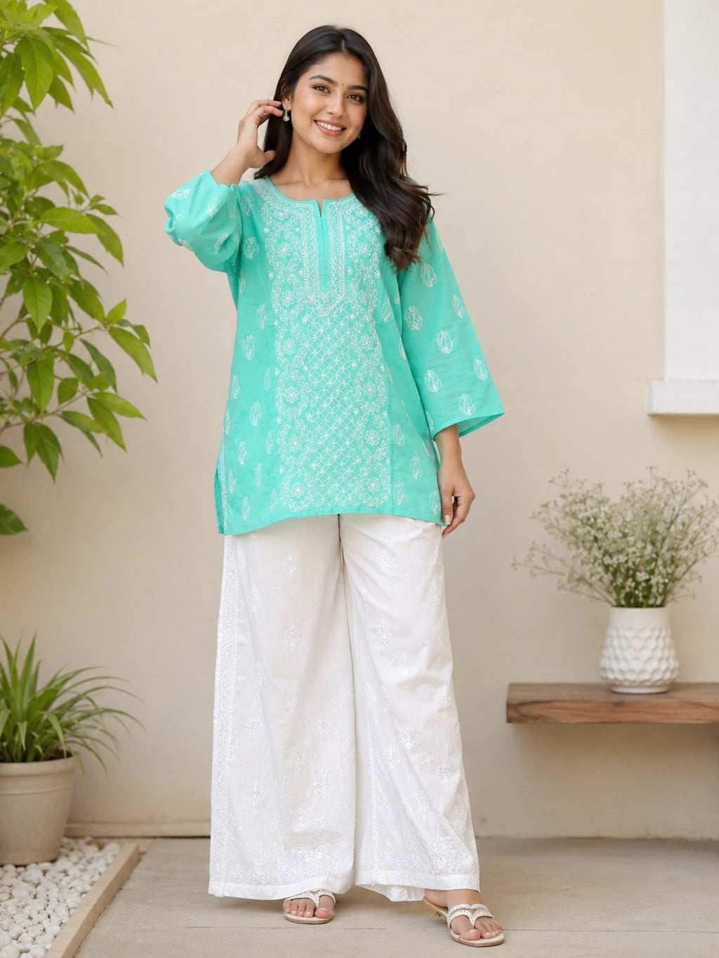Karigiri Mint Green Hand Embroidered Chikankari Cotton Short Kurti_KF0303