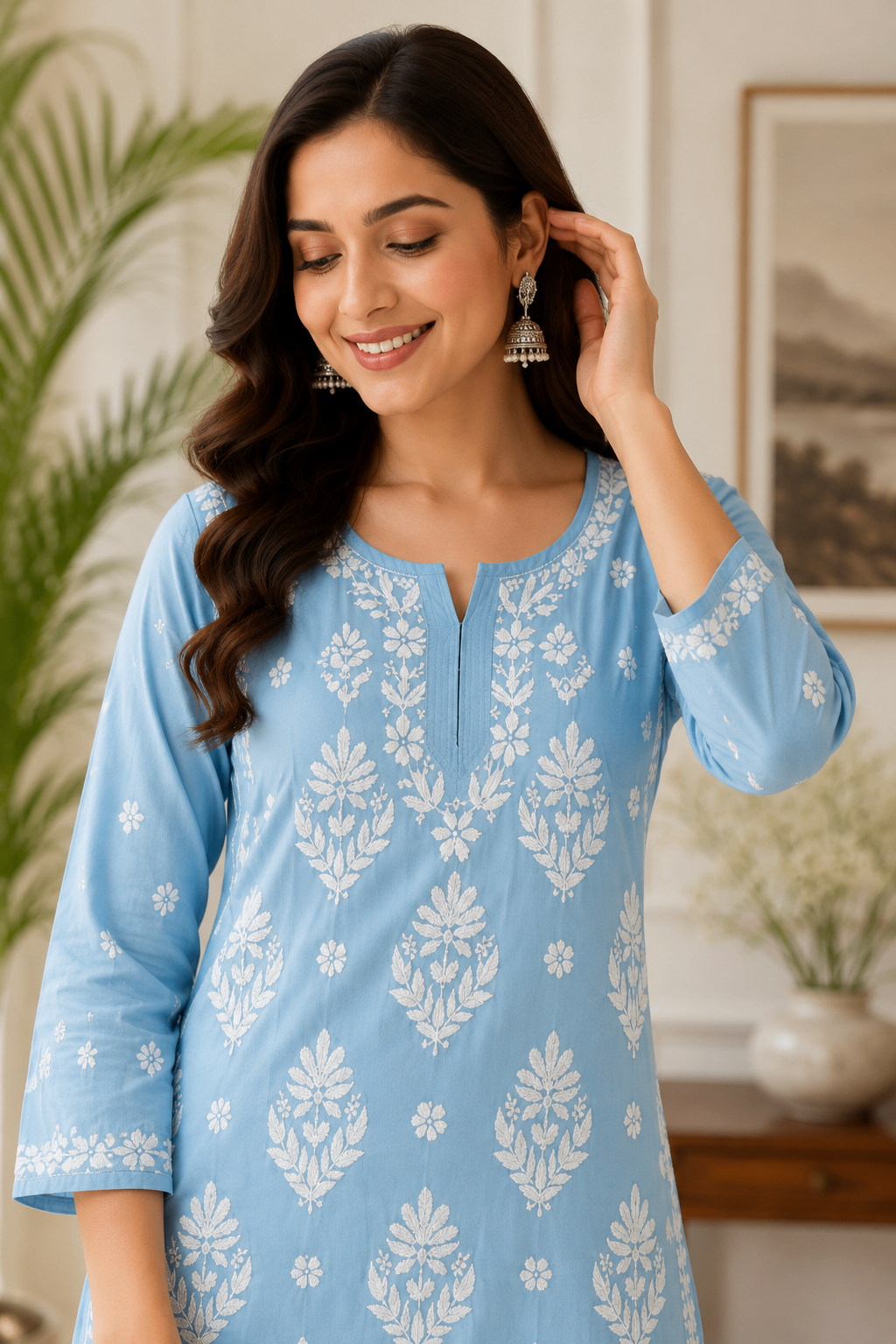 Karigiri Sky Blue Chikankari Soft Mulmul Cotton Kurti Women_KF0182