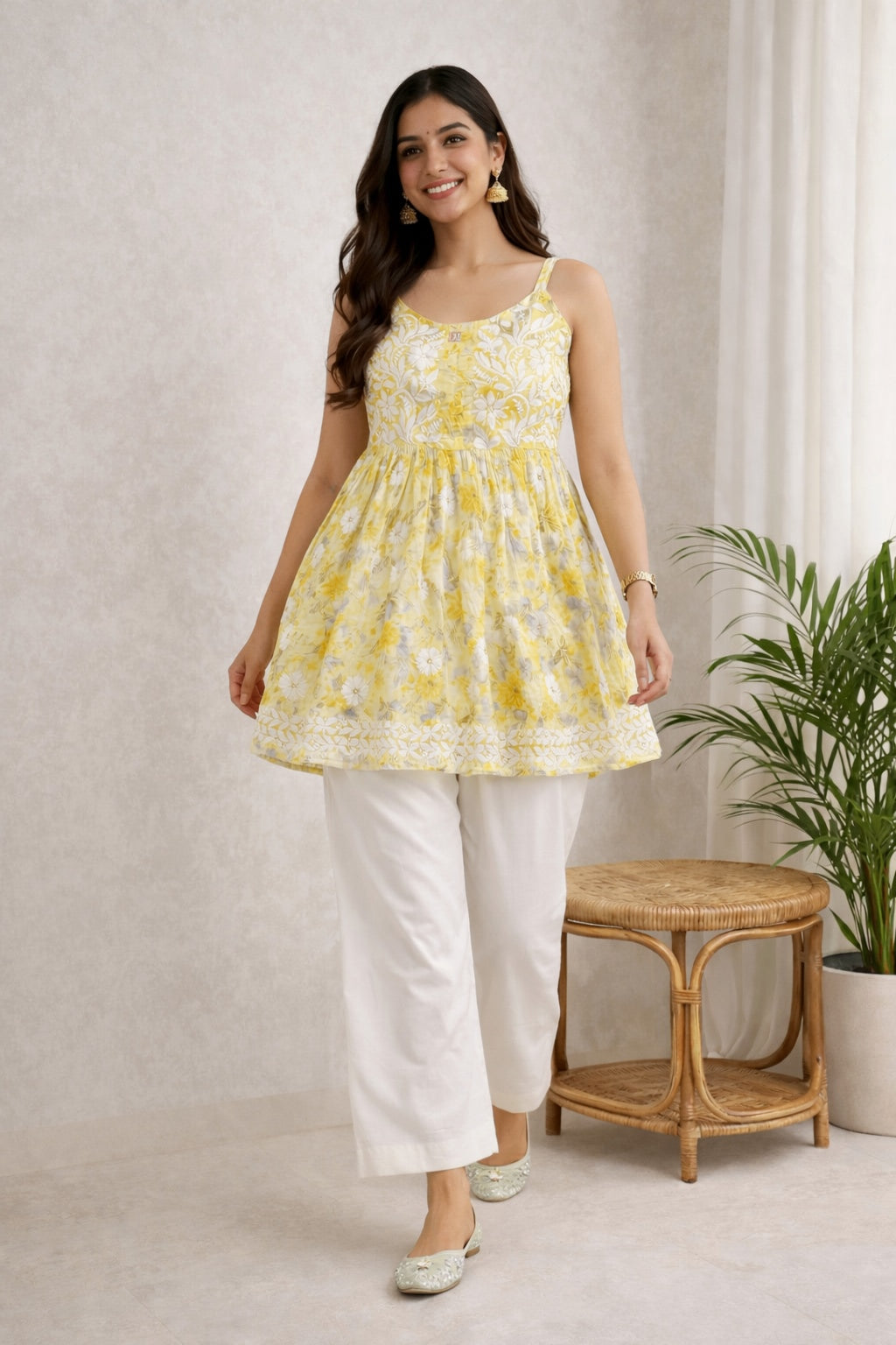 Karigiri Yellow Chikankari Printed Cotton Short Spaghetti Kurti_KF0186
