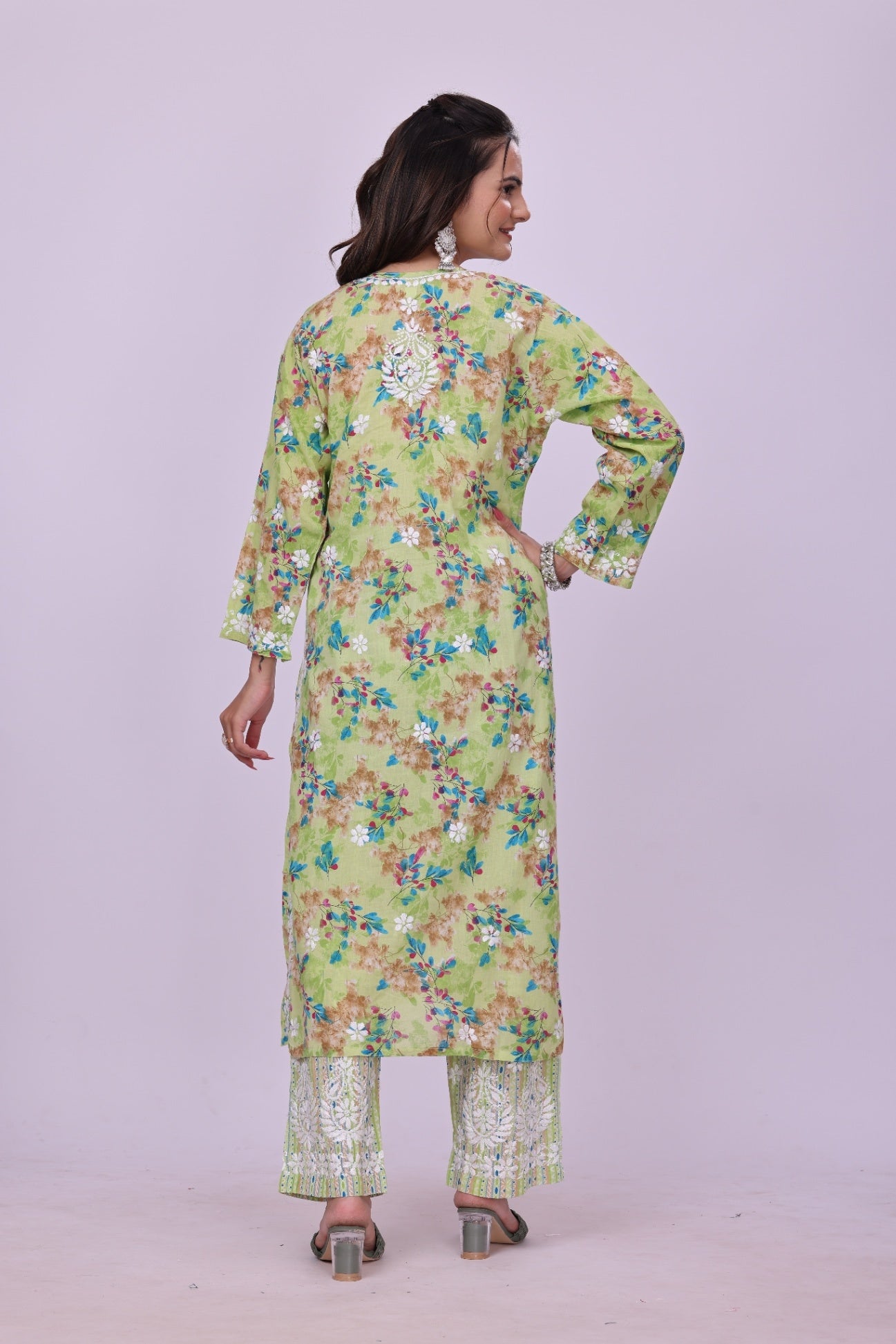Karigiri Green Floral Chikankari Cotton Kurti Set_KF0058