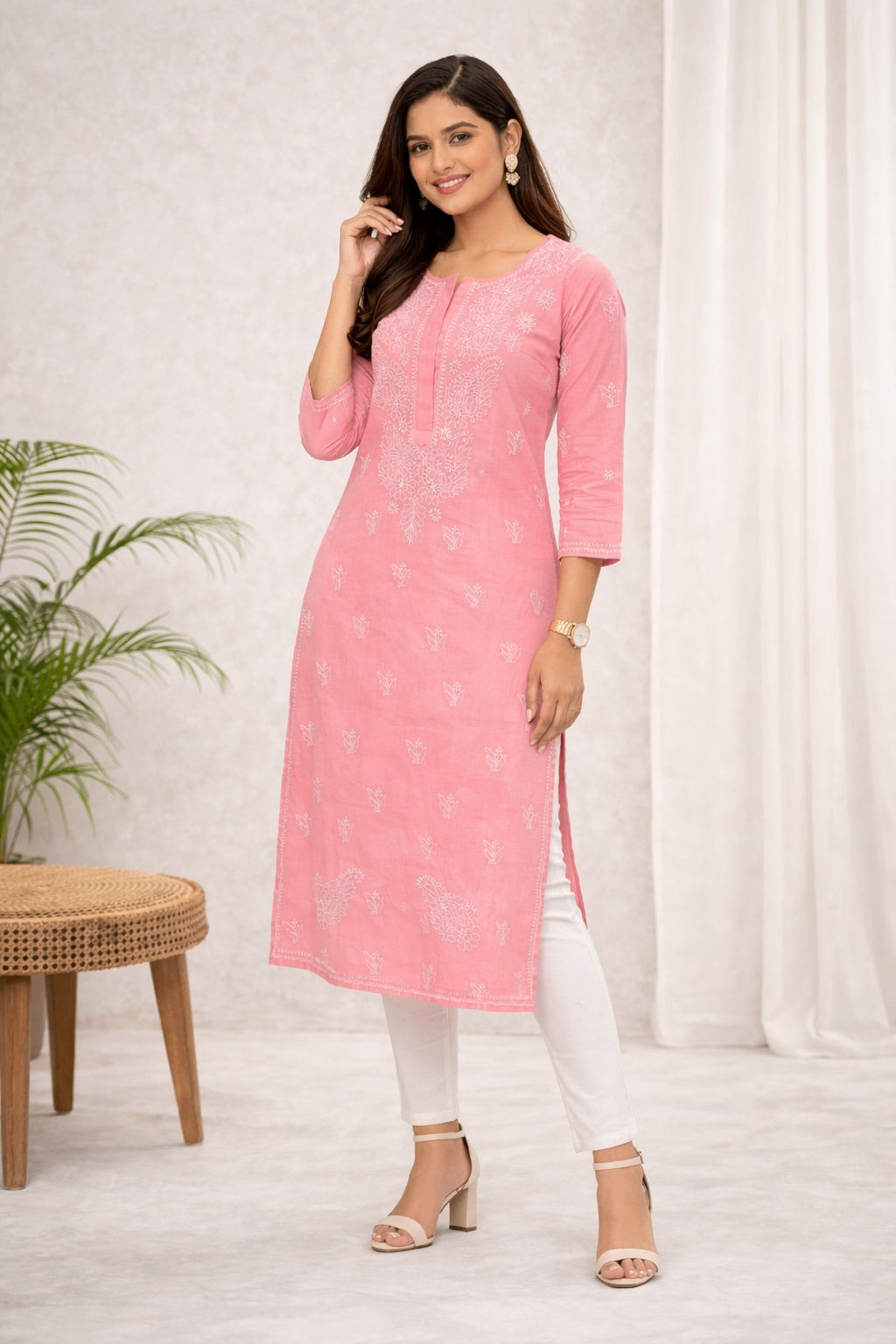 Karigiri Peach Pink Chikankari Cotton Kurti for Women_KF0144