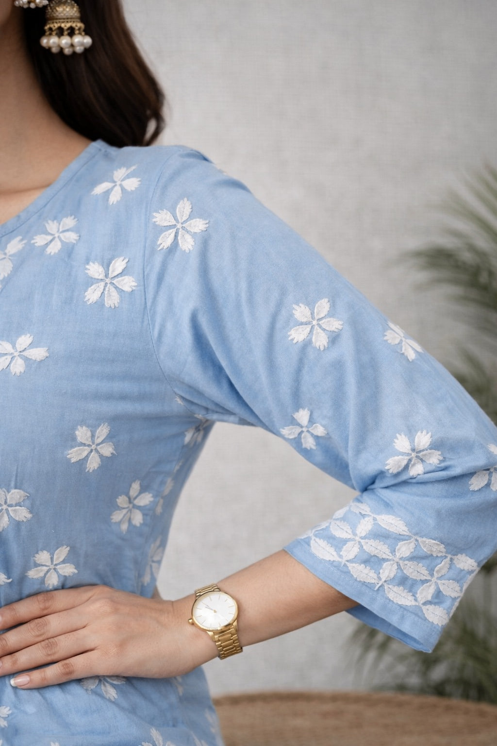 Karigiri Sky Blue Floral Chikankari Soft Mulmul Cotton Kurti Set_KF0179
