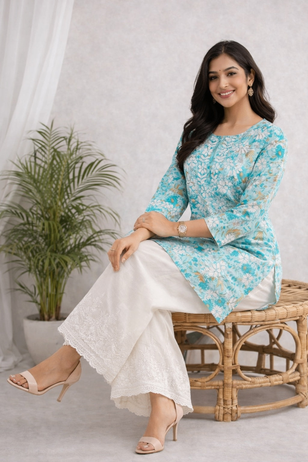 Karigiri Turquoise Blue Chikankari Printed Cotton Short Kurti_KF0187