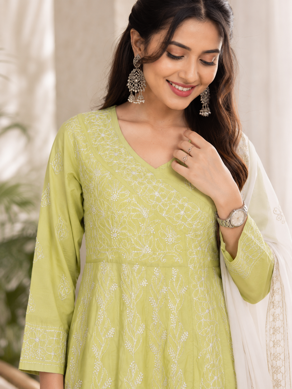 Karigiri Pistachio Green Hand Embroidered Chikankari Cotton Anarkali Kurti