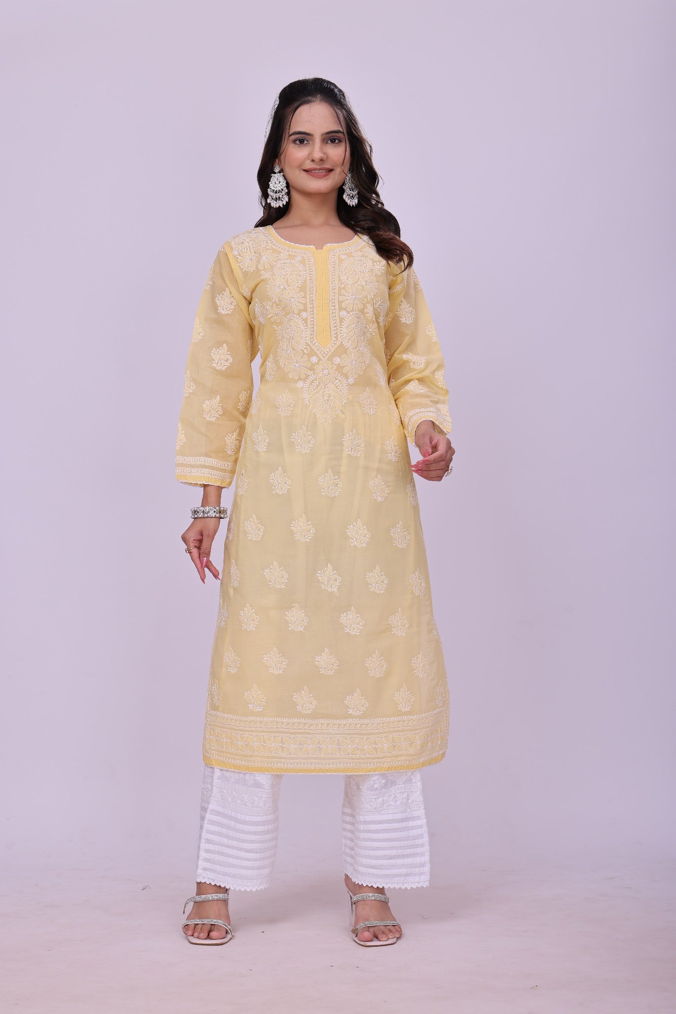 Karigiri Yellow Chikankari Pure Cotton Kurta Women_KF0077