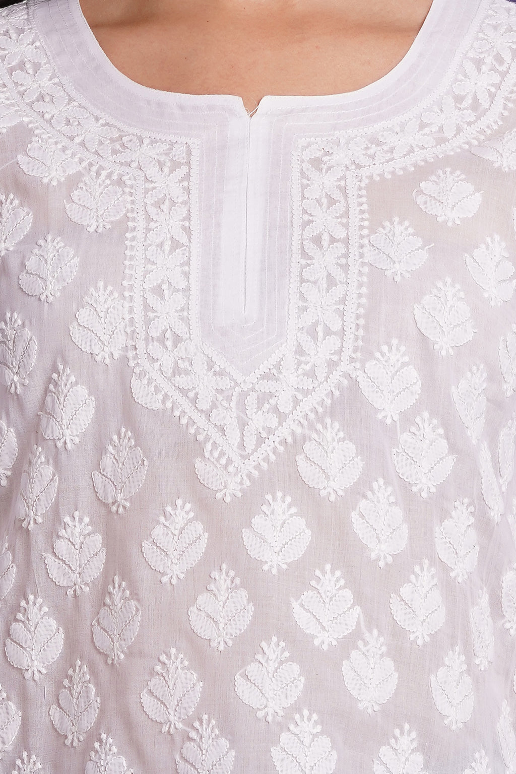 Karigiri White Lucknowi Chikankari Hand Embroidered Pure Cotton Straight Hip Length Short Kurti, 3/4 Sleeve
