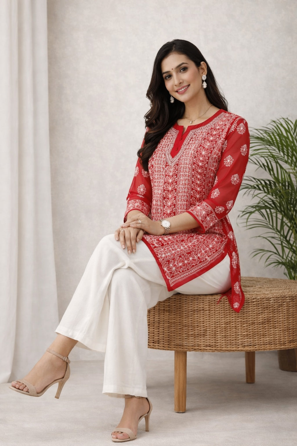 Karigiri Red Chikankari Georgette Short Kurti_KF0173