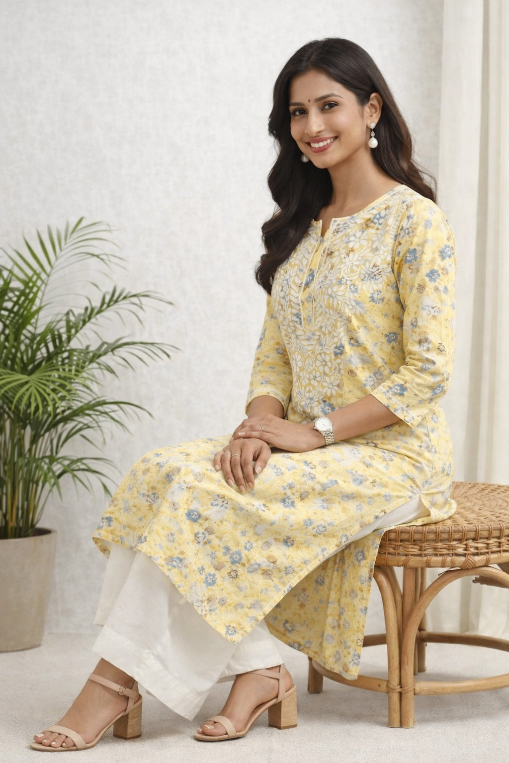 Karigiri Yellow Lucknowi Chikankari Hand Embroidered Long Kurti, Straight Fit, Calf Length, Floral Printed Cotton Fabric, Three-Quarter Sleeves, Round Neck