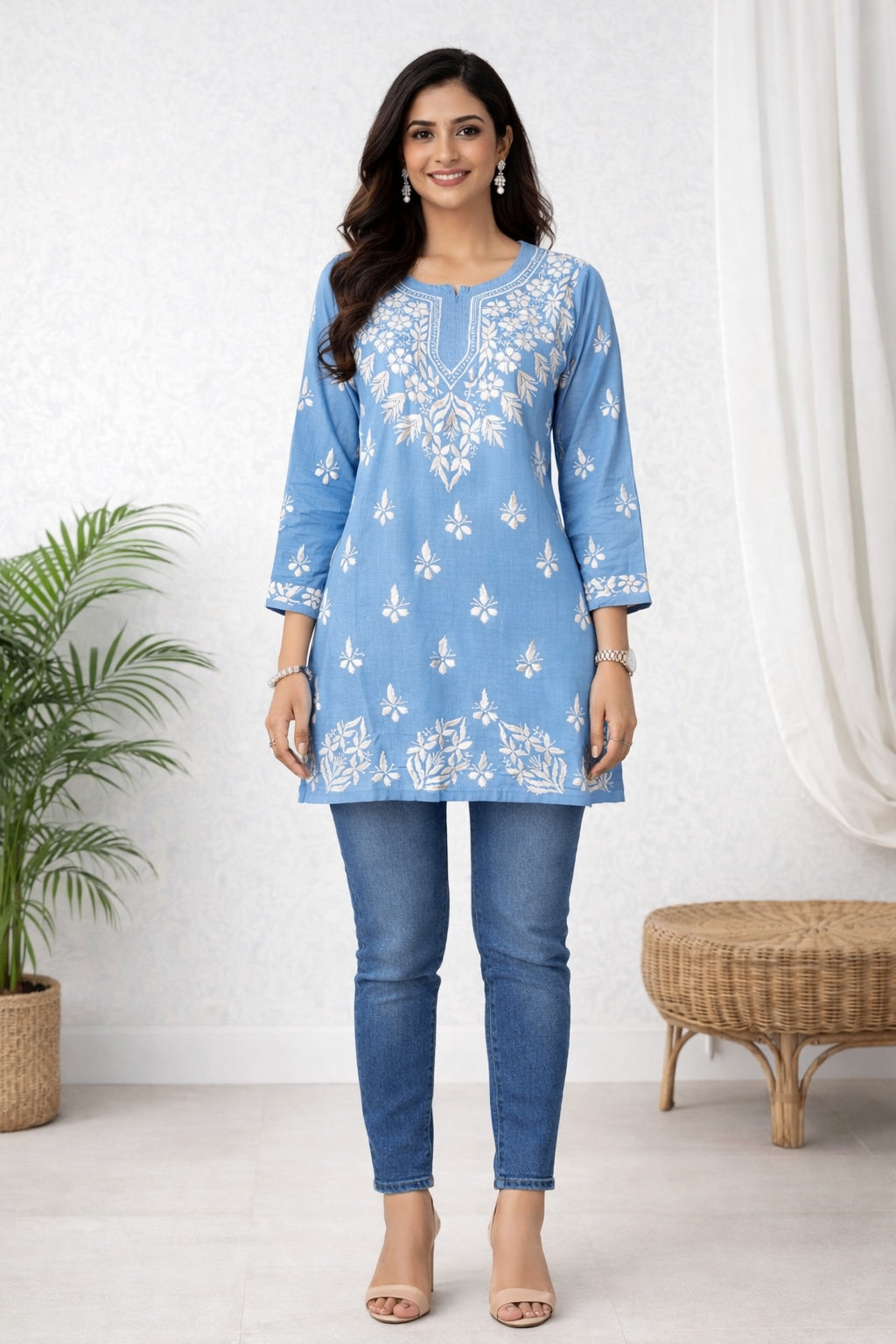 Karigiri Blue Chikankari Rayon Short Kurti Women_KF0017