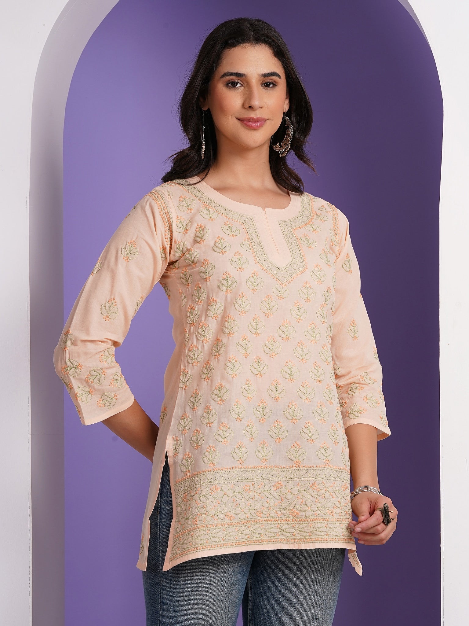 Karigiri Blush Peach Pure Cotton Chikankari Hand Embroidered Short Kurti