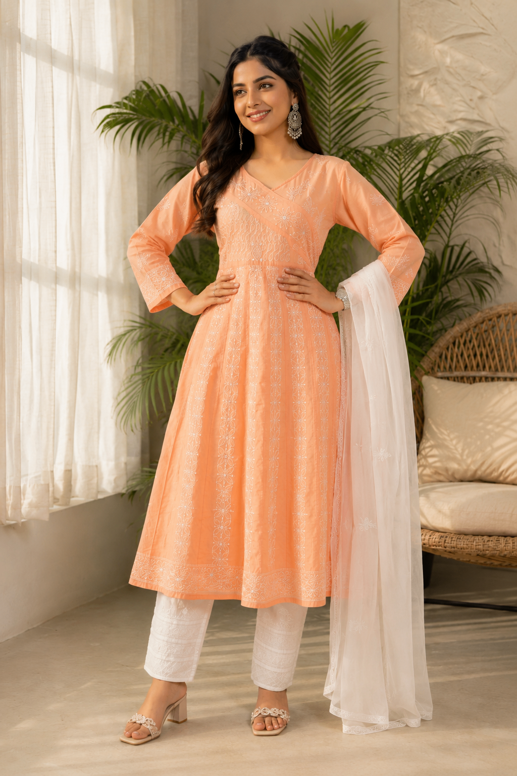 Karigiri Peach Hand Embroidered Chikankari Cotton Anarkali Kurti