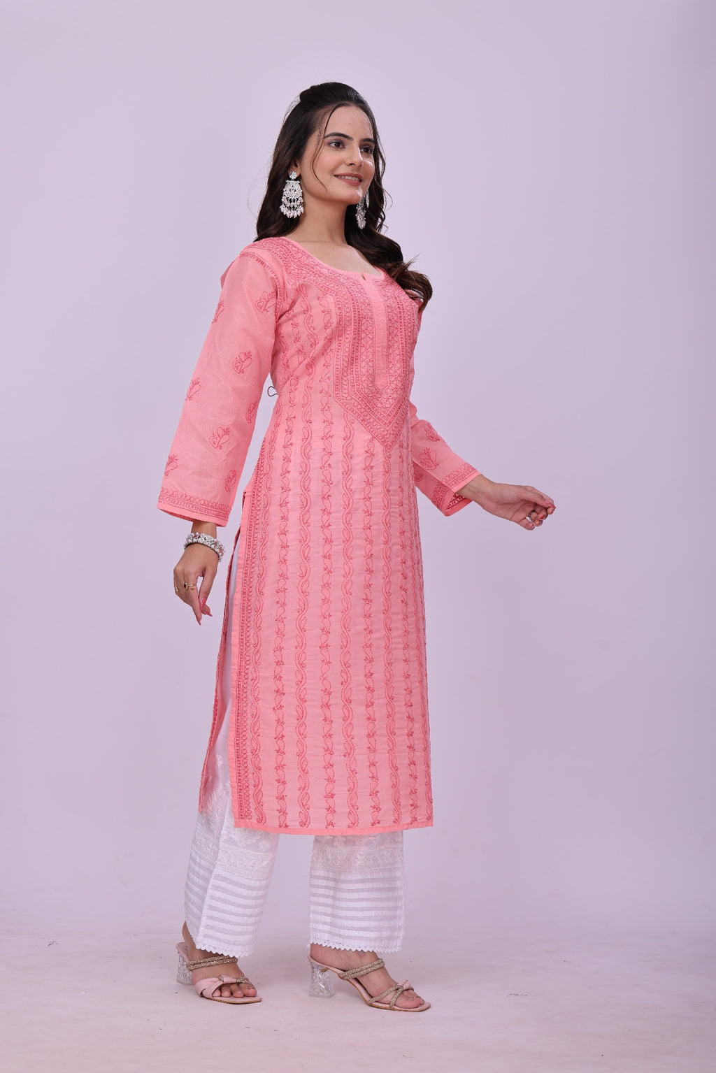 Karigiri Peach Pink Chikankari Cotton Kurti_KF0121