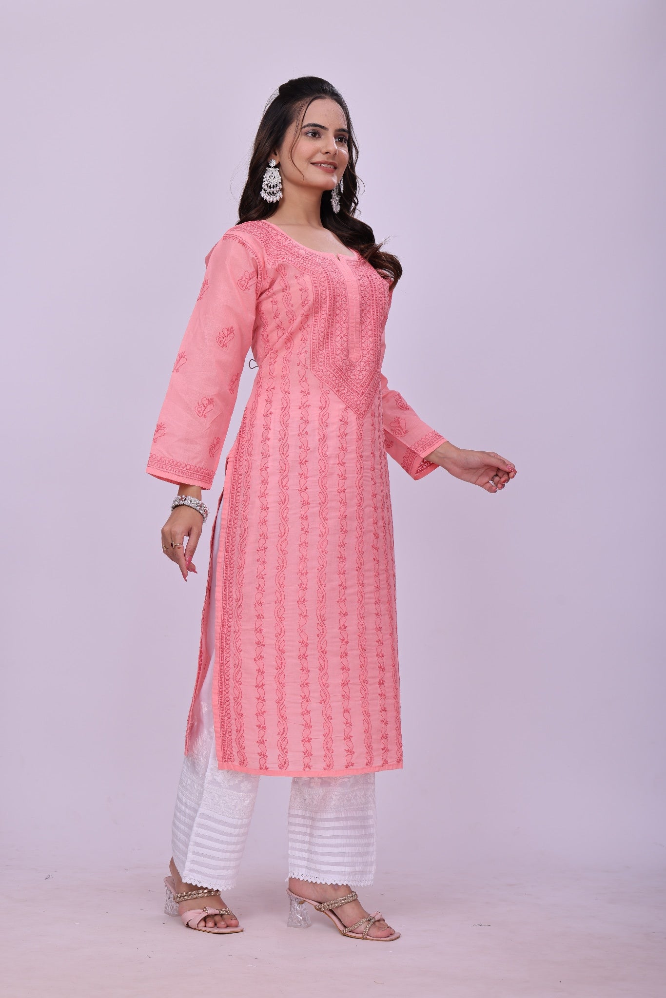 Karigiri Peach Pink Chikankari Cotton Kurti_KF0121