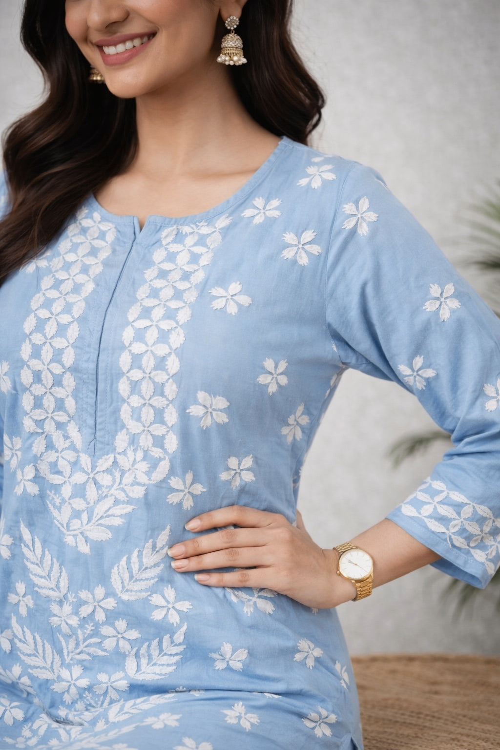 Karigiri Sky Blue Floral Chikankari Soft Mulmul Cotton Kurti Set_KF0179