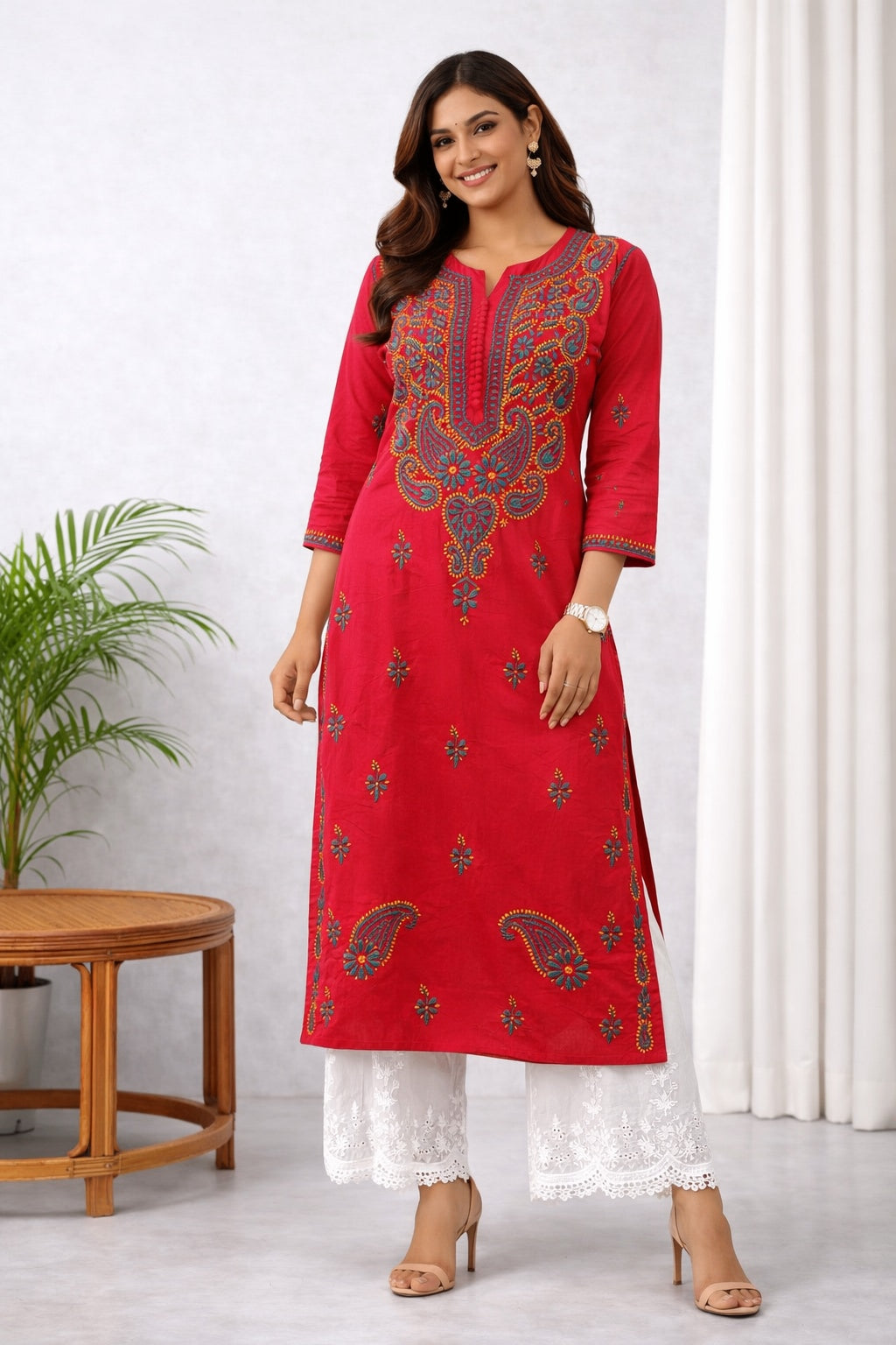 Karigiri Red Chikankari Cotton Kurti for Women_KF0082