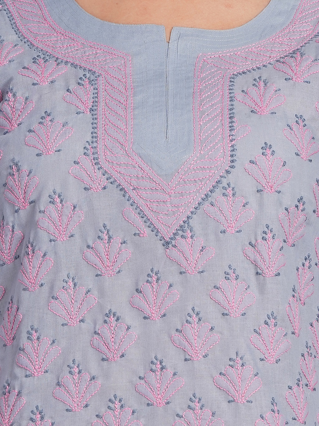 Karigiri Lucknowi Chikankari Hand Embroidered Pure Cotton Gray Short Kurti, 3/4 Sleeve, Ethnic Wear for Women