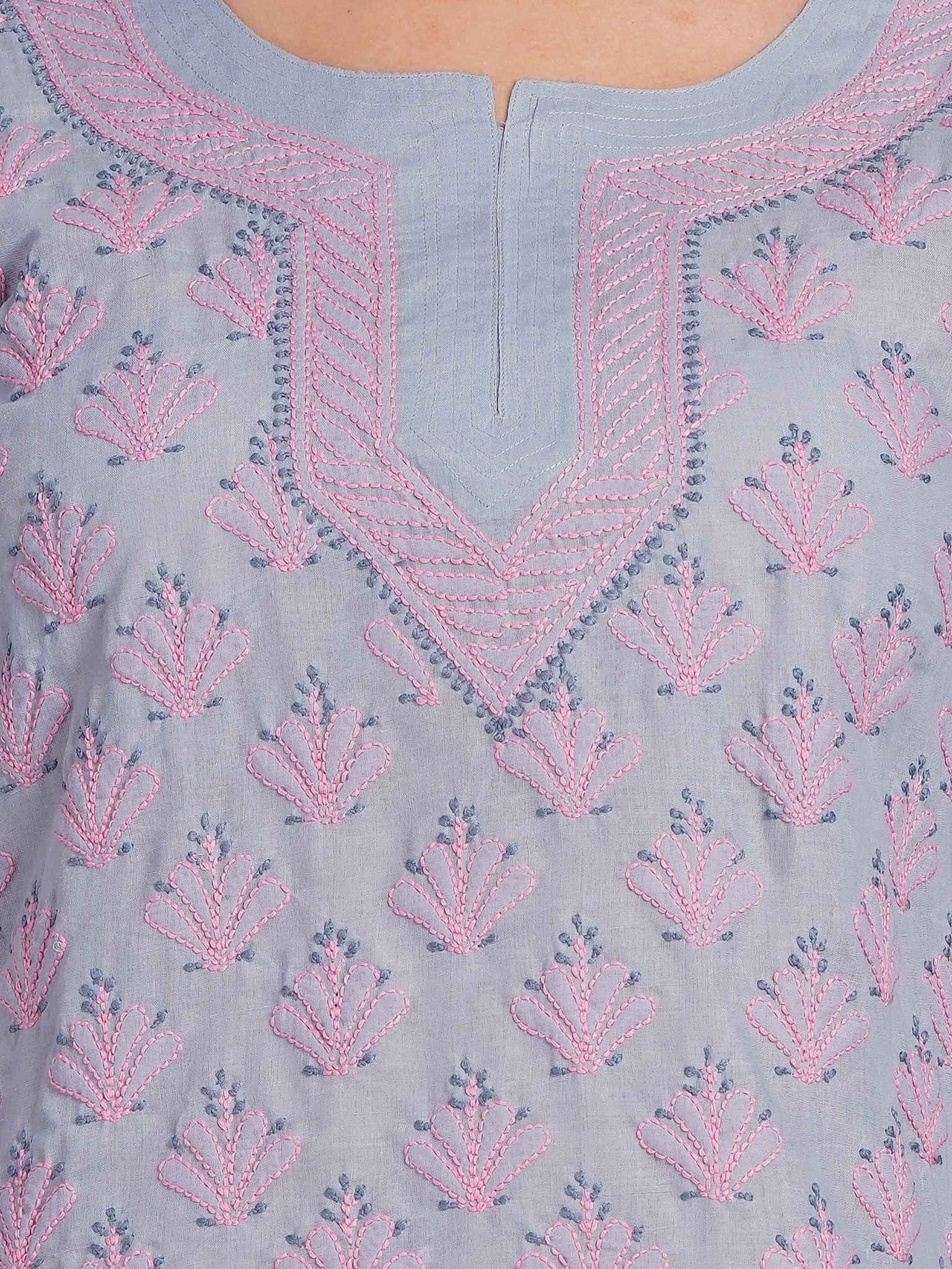 Karigiri Lucknowi Chikankari Hand Embroidered Pure Cotton Gray Short Kurti, 3/4 Sleeve, Ethnic Wear for Women