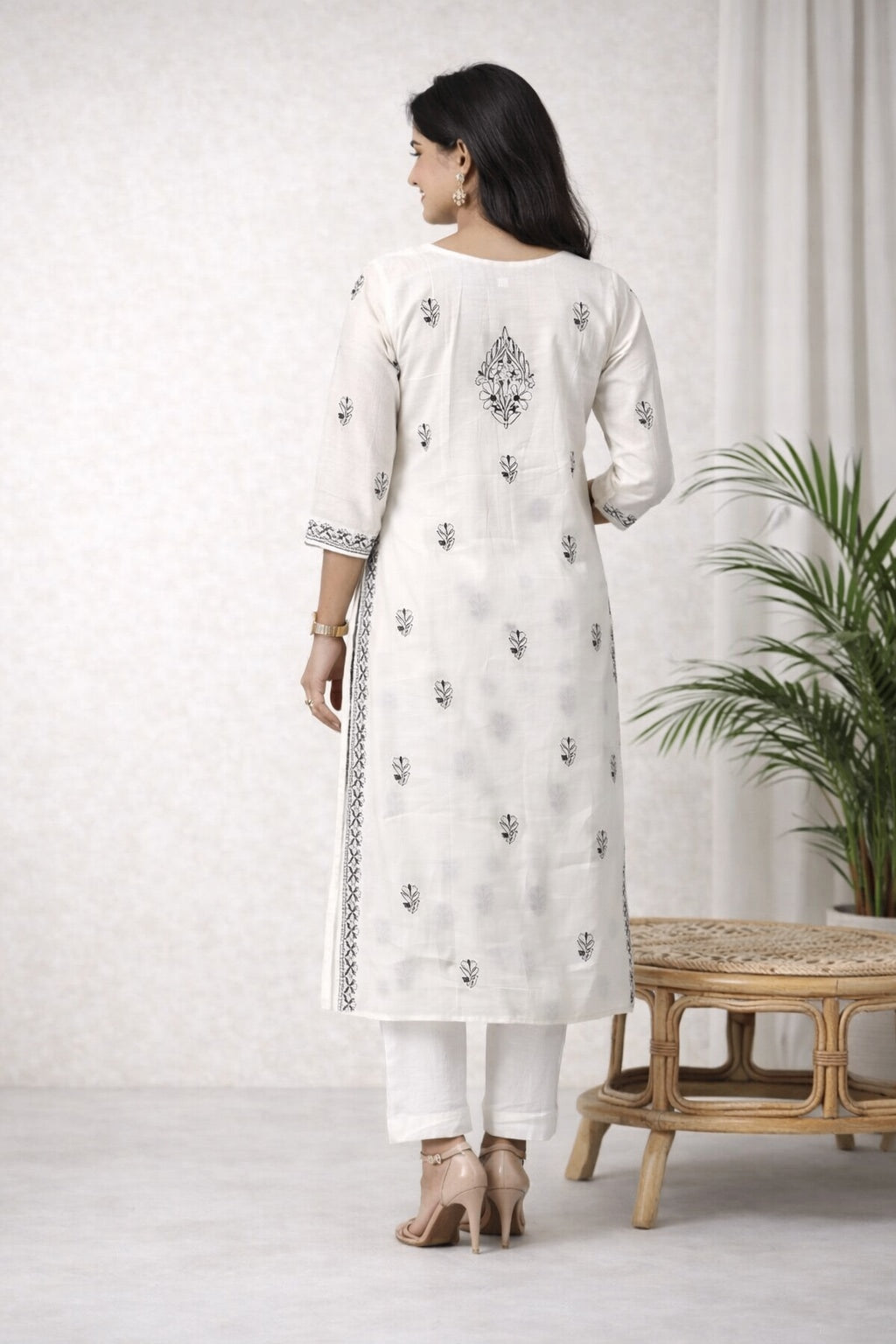 Karigiri White Chikankari Cotton Kurti 3/4 Sleeve_KF0204