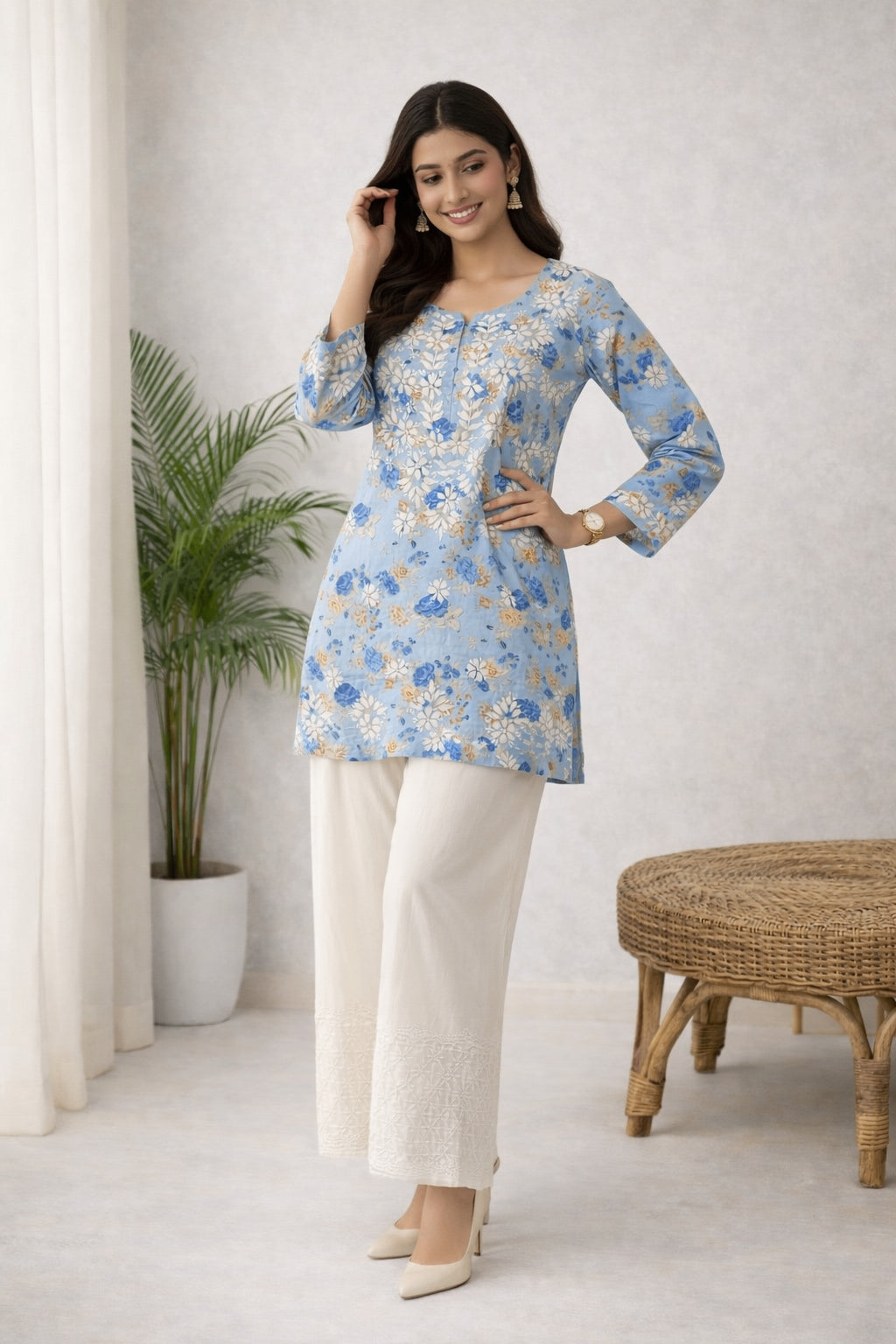 Karigiri Blue Floral Chikankari Cotton Short Kurti Women_KF0016