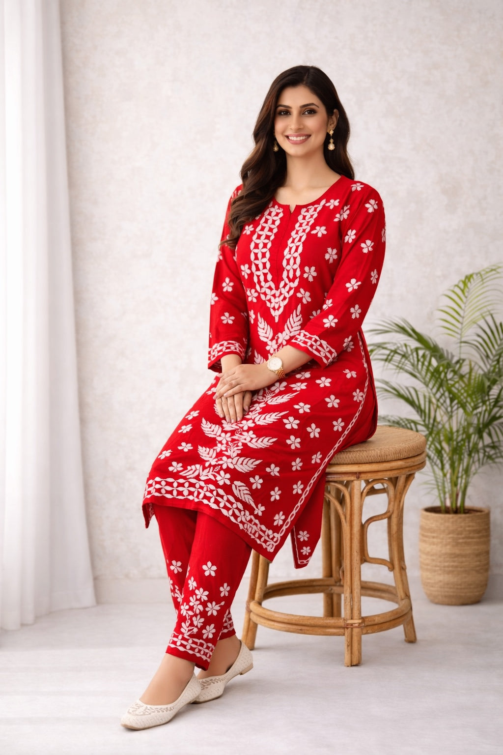 Karigiri Red Floral Chikankari Soft Mulmul Cotton Kurti Set_KF0164