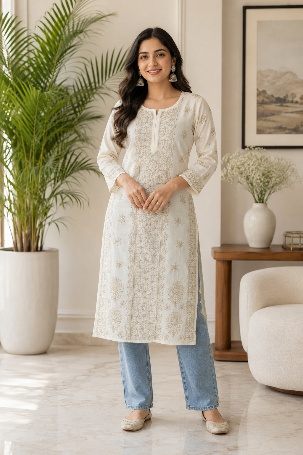 Karigiri Off-White Chikankari Cotton Long Kurti_KF0135