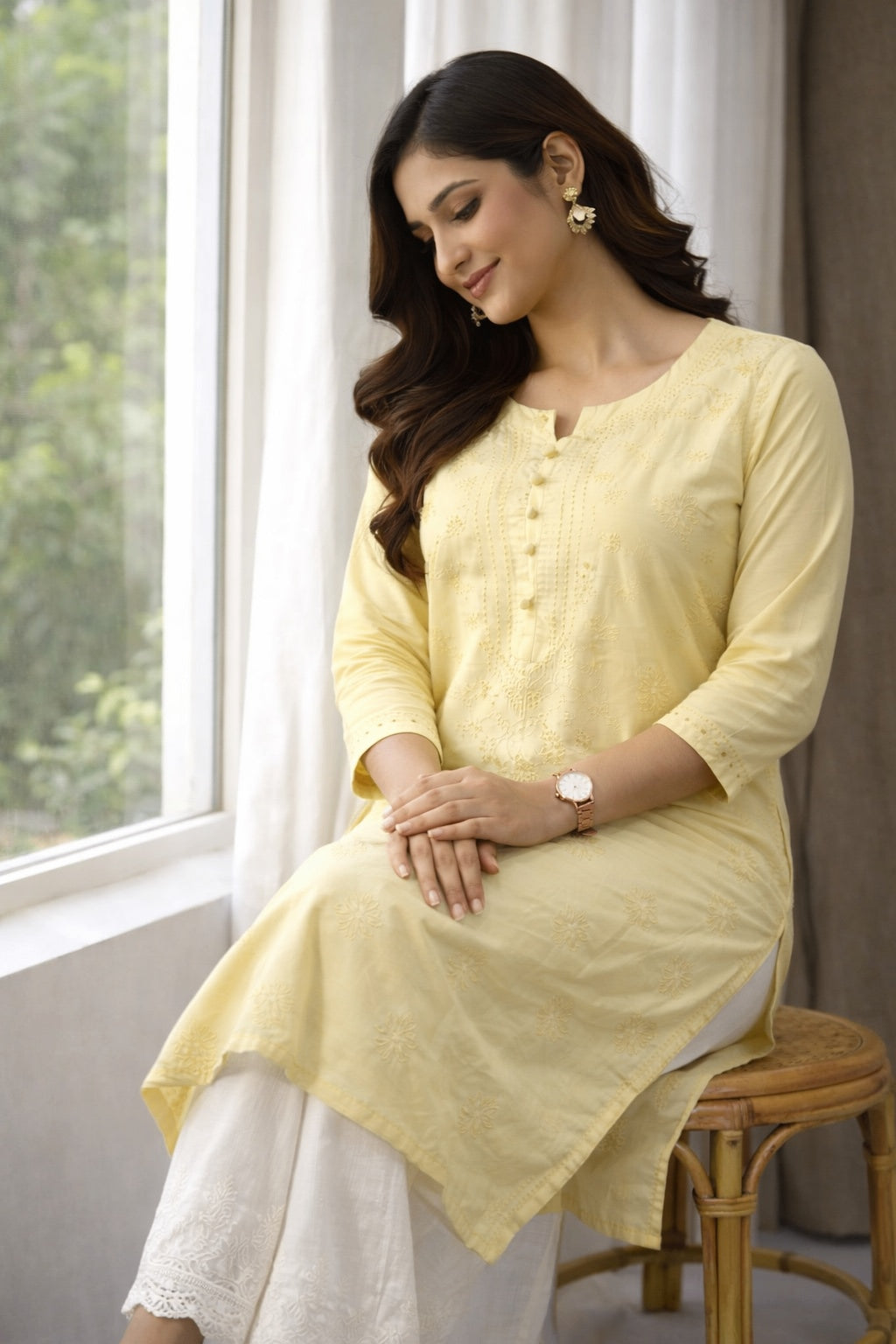 Karigiri Pastel Yellow Chikankari Cotton Kurti_KF0103